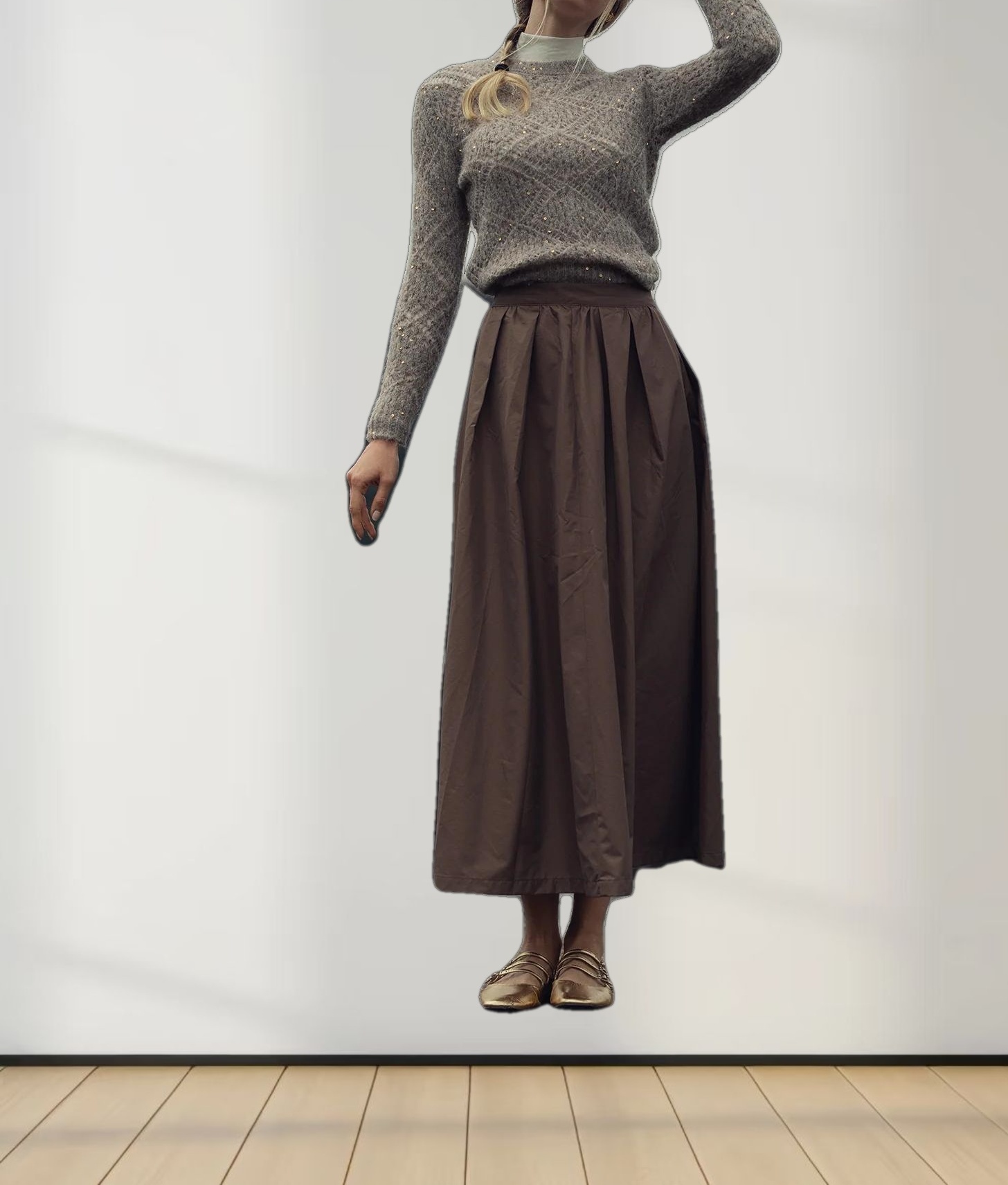 Open Crochet Knit Sequin Sweater-Tan