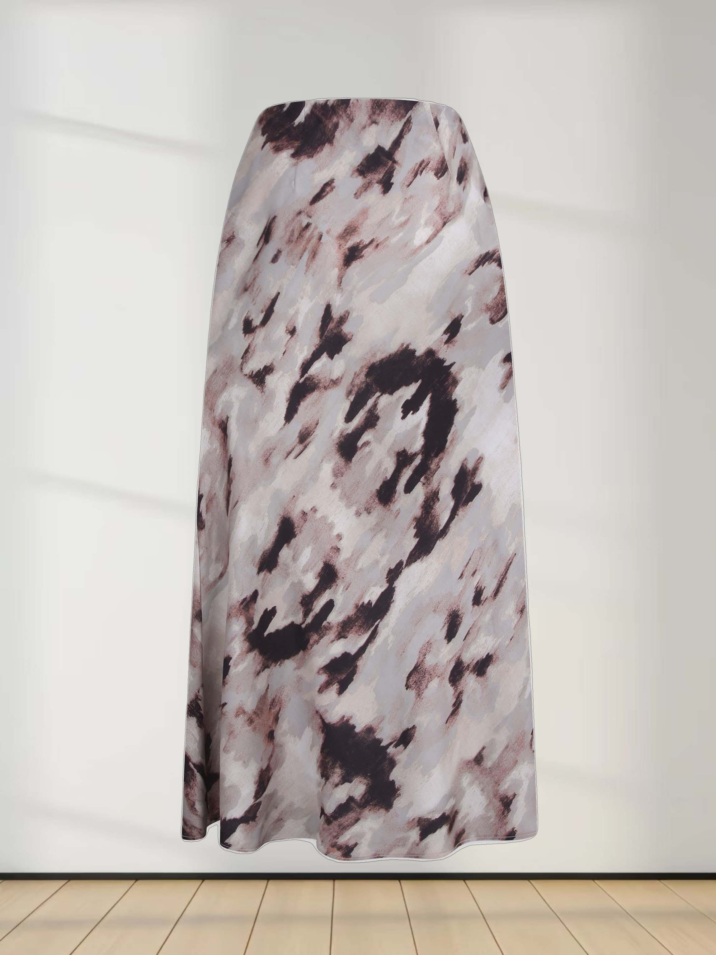 Printed Satin Slip Skirt-Brown Brushstrokes