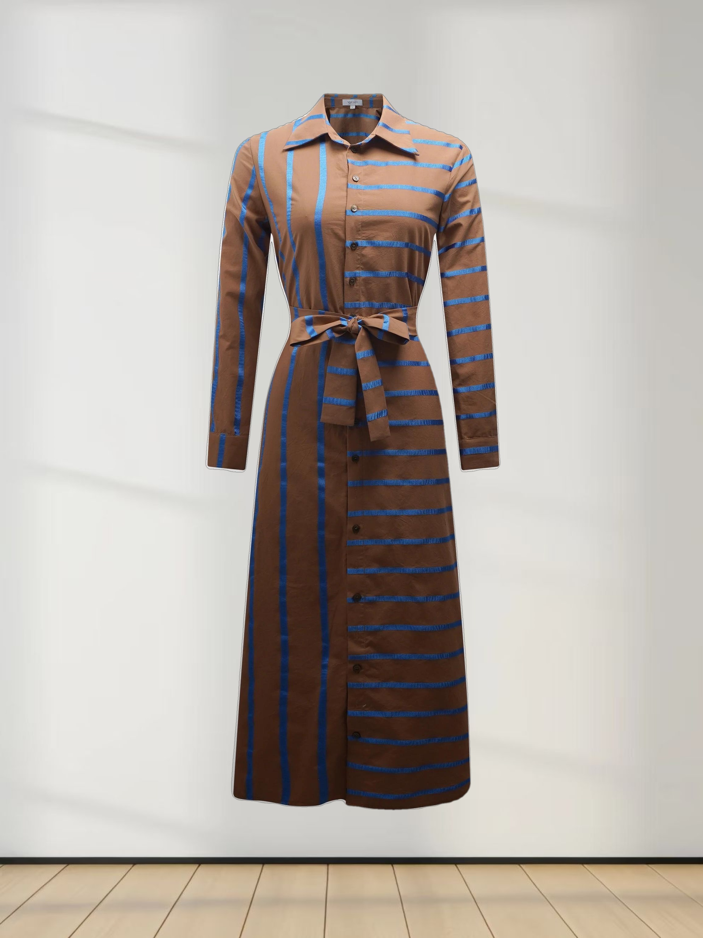 Long Button Down Shirtdress-Brown/Blue Stripe