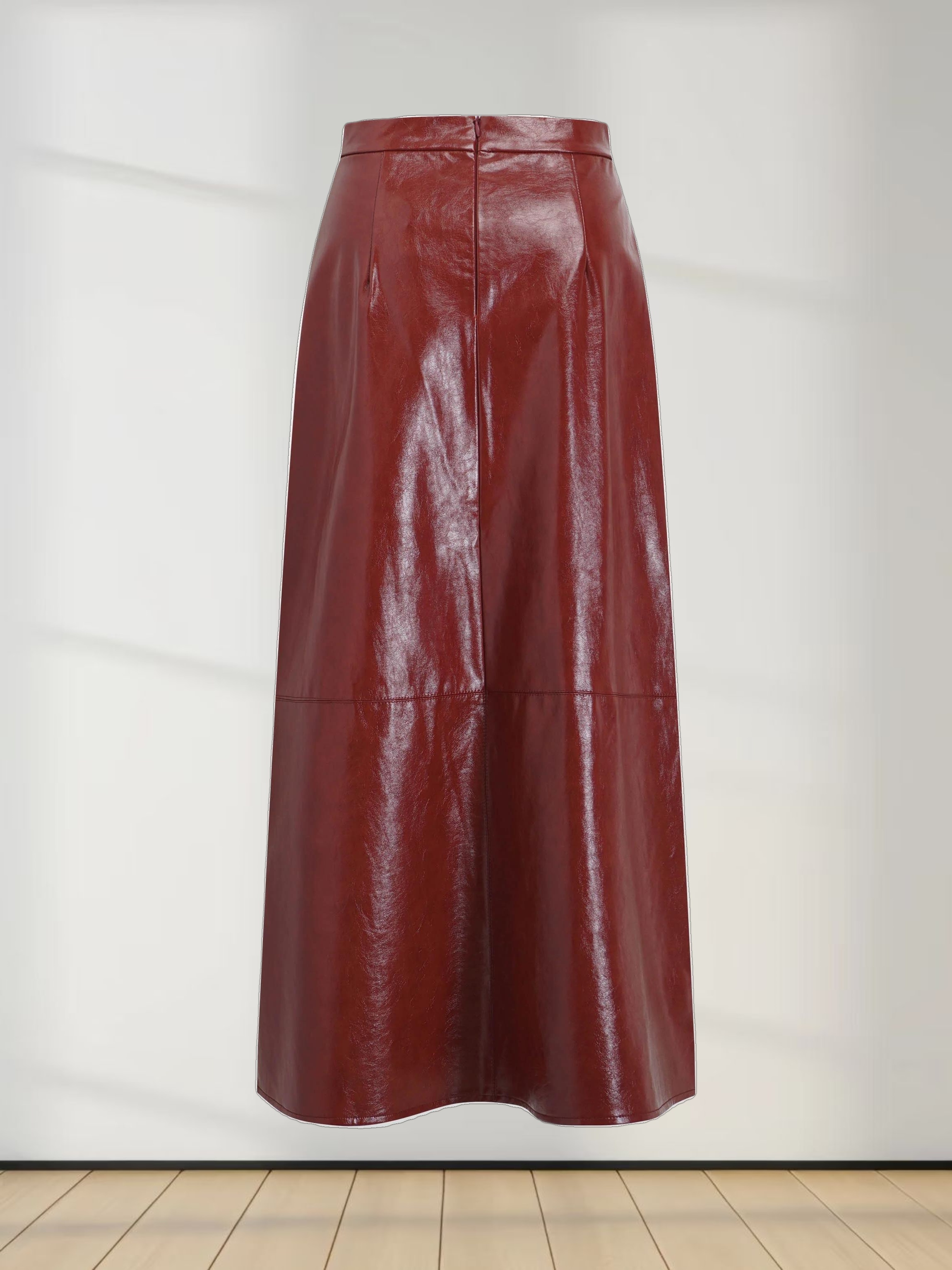 Coated Faux Leather A-Line Skirt-Burgundy