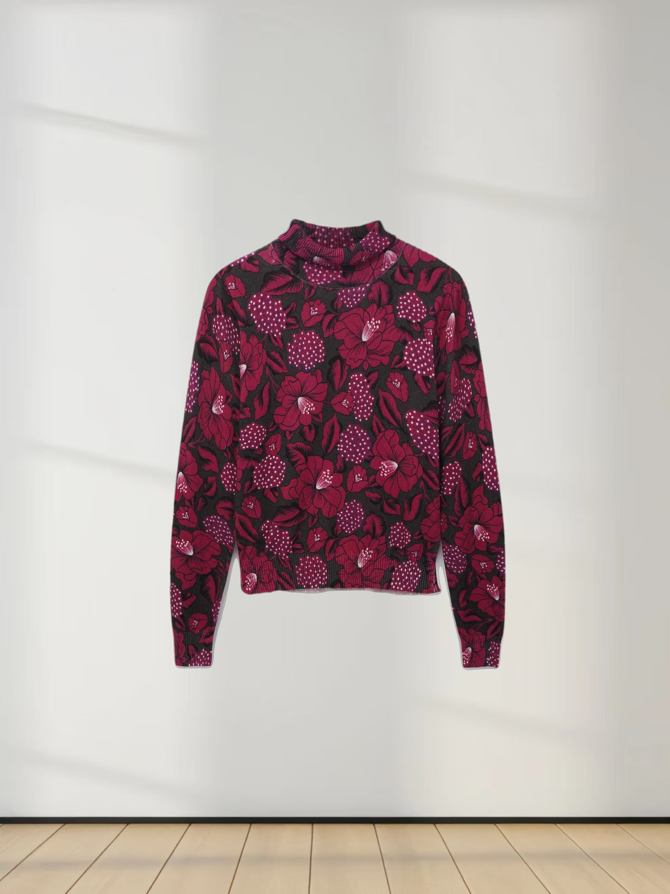 Thin Knit Turtleneck Sweater-Grey Pink Floral