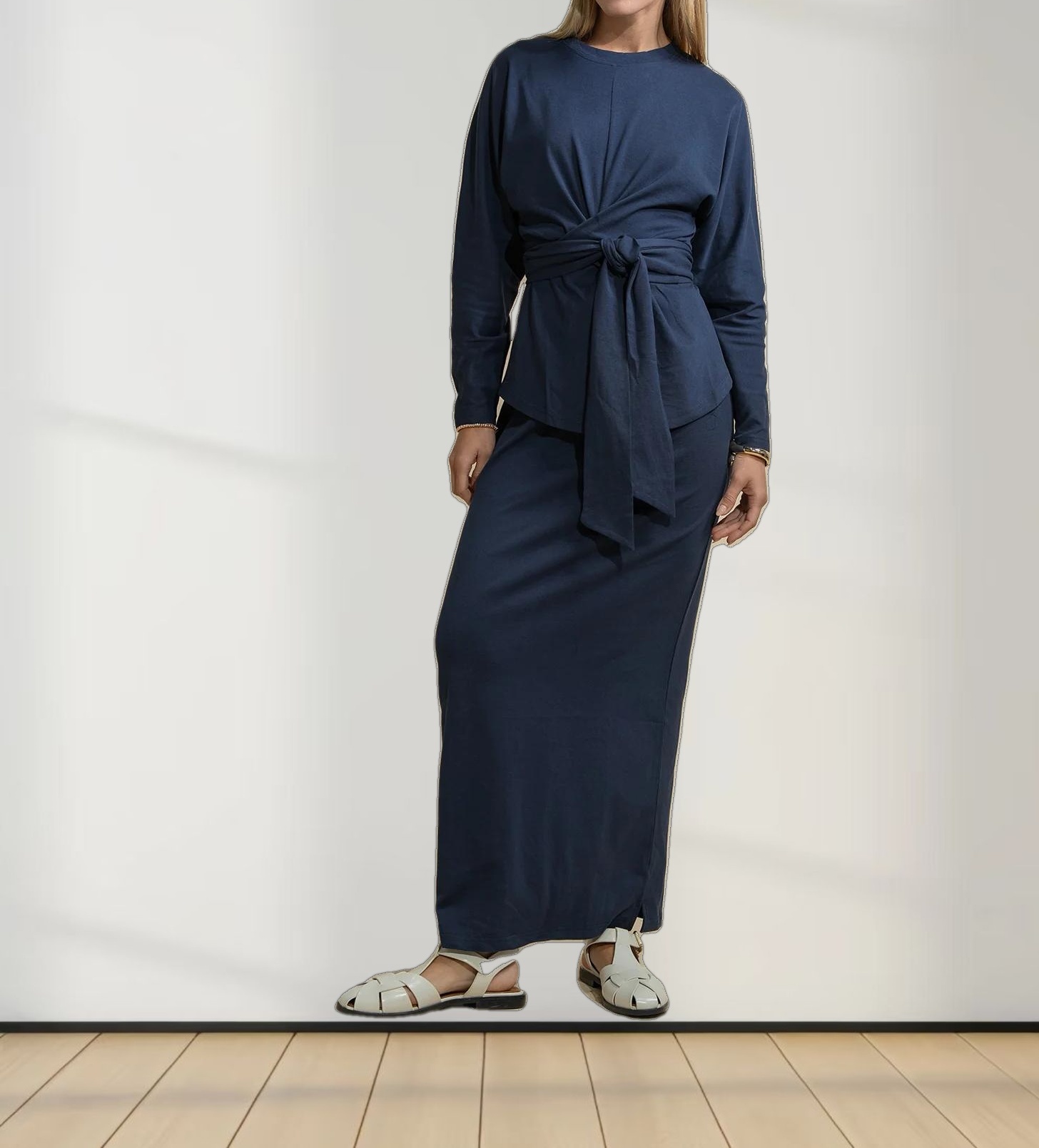 Straight Maxi Drawstring T-Shirt Skirt-Navy