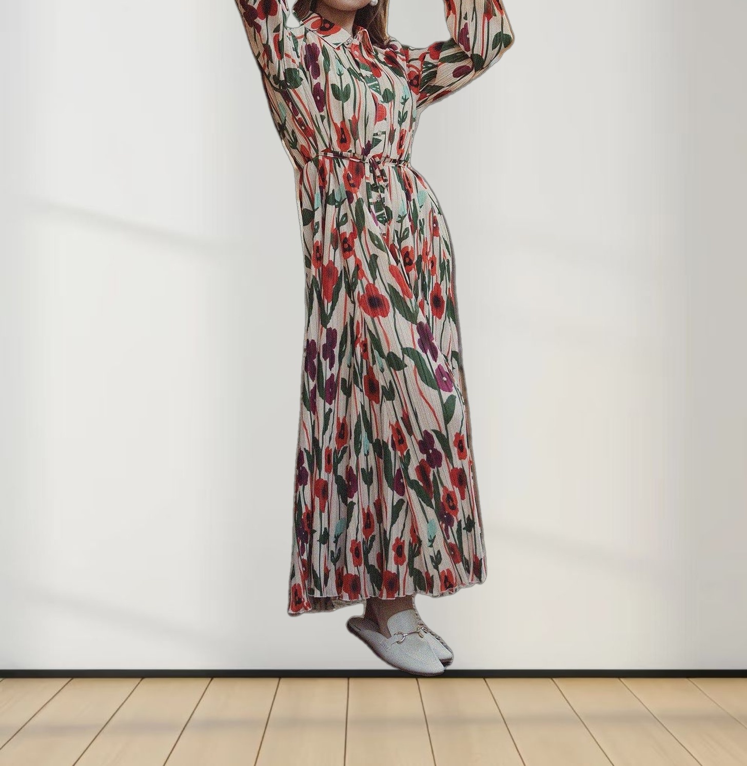 Micro Pleats Princess Style Dress-Orange Floral