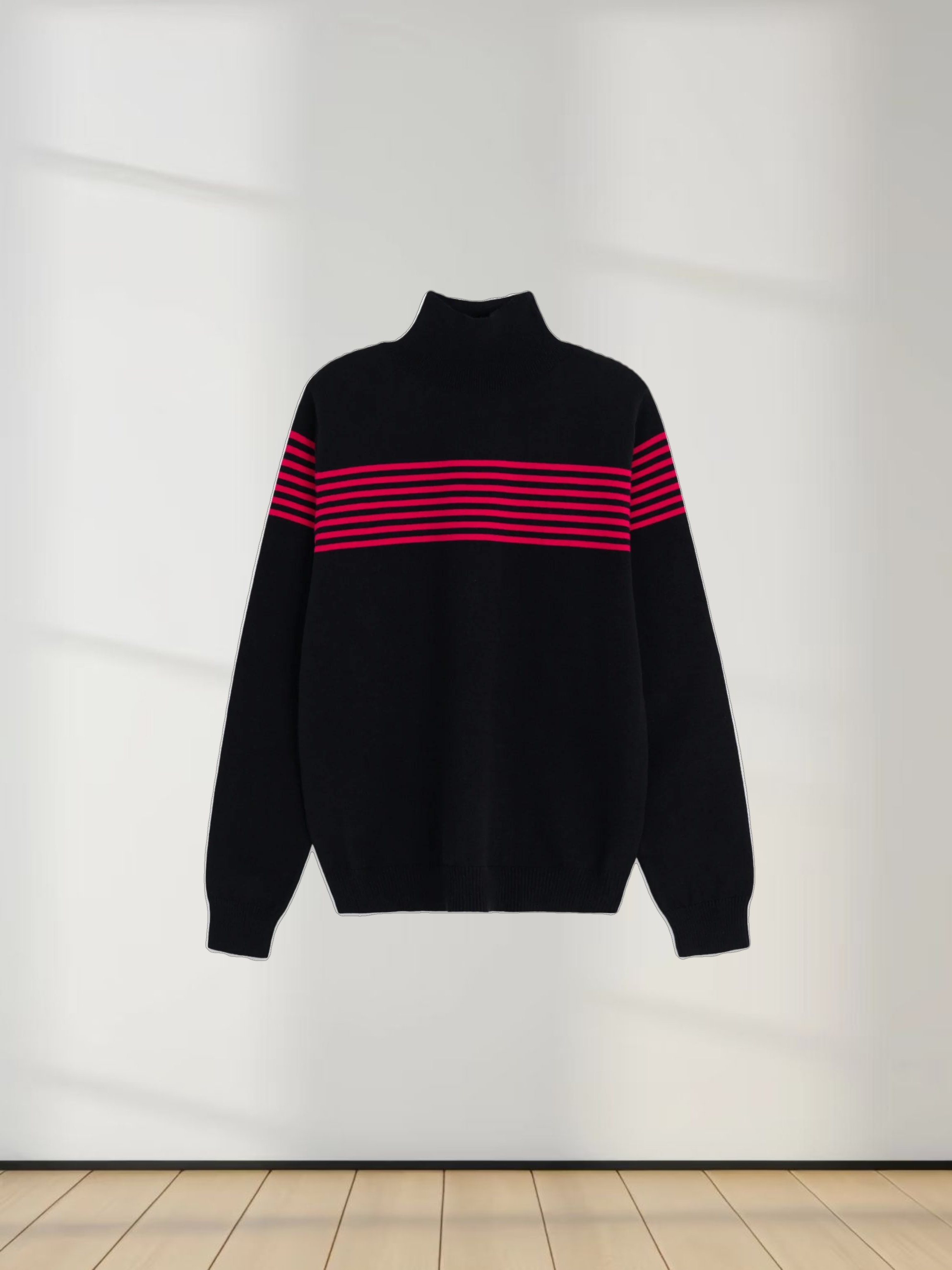 Thin Stripe Turtleneck  Sweater-Black/Hot Pink