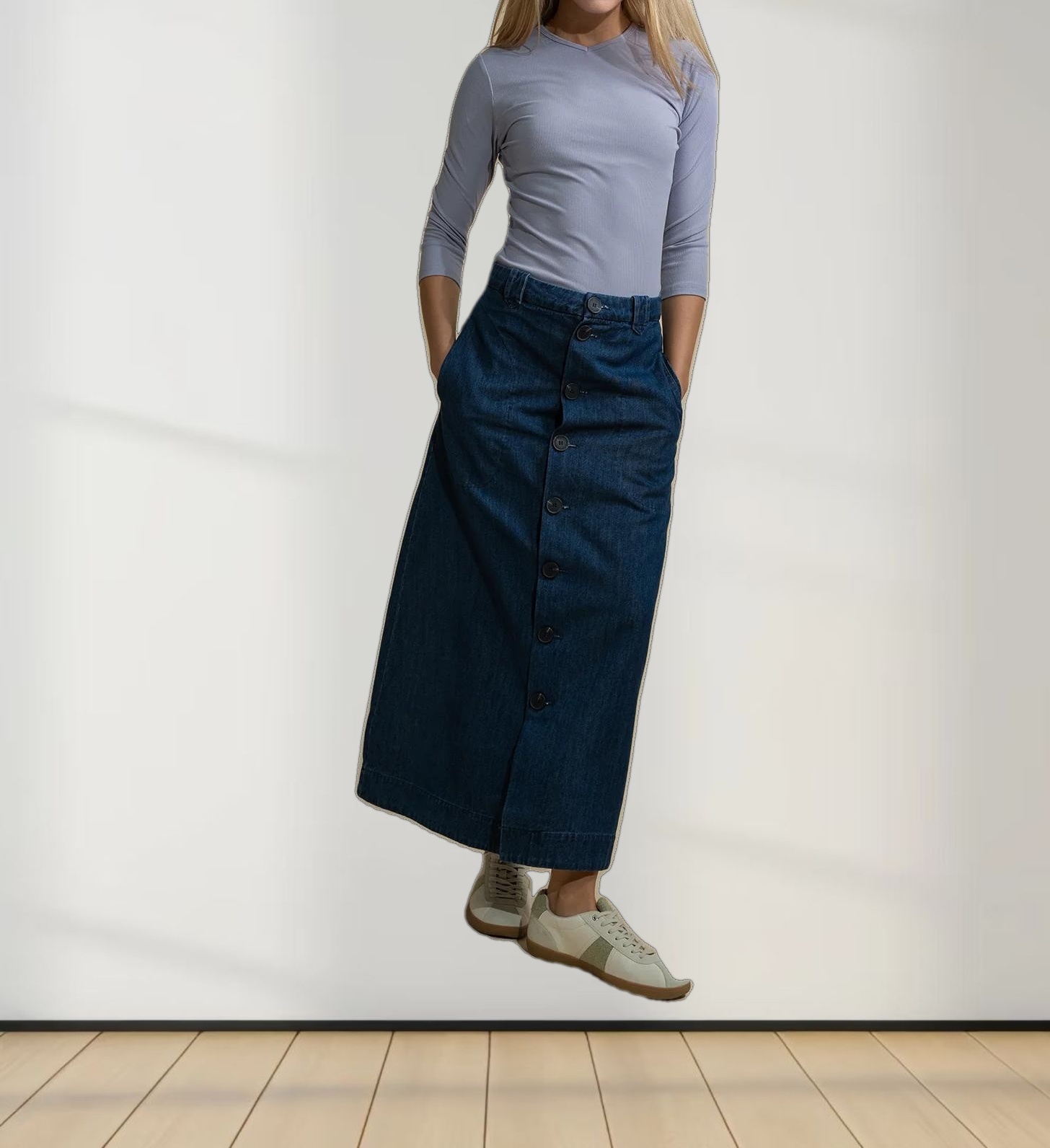 A-Line Button Down Pocket Skirt-Navy