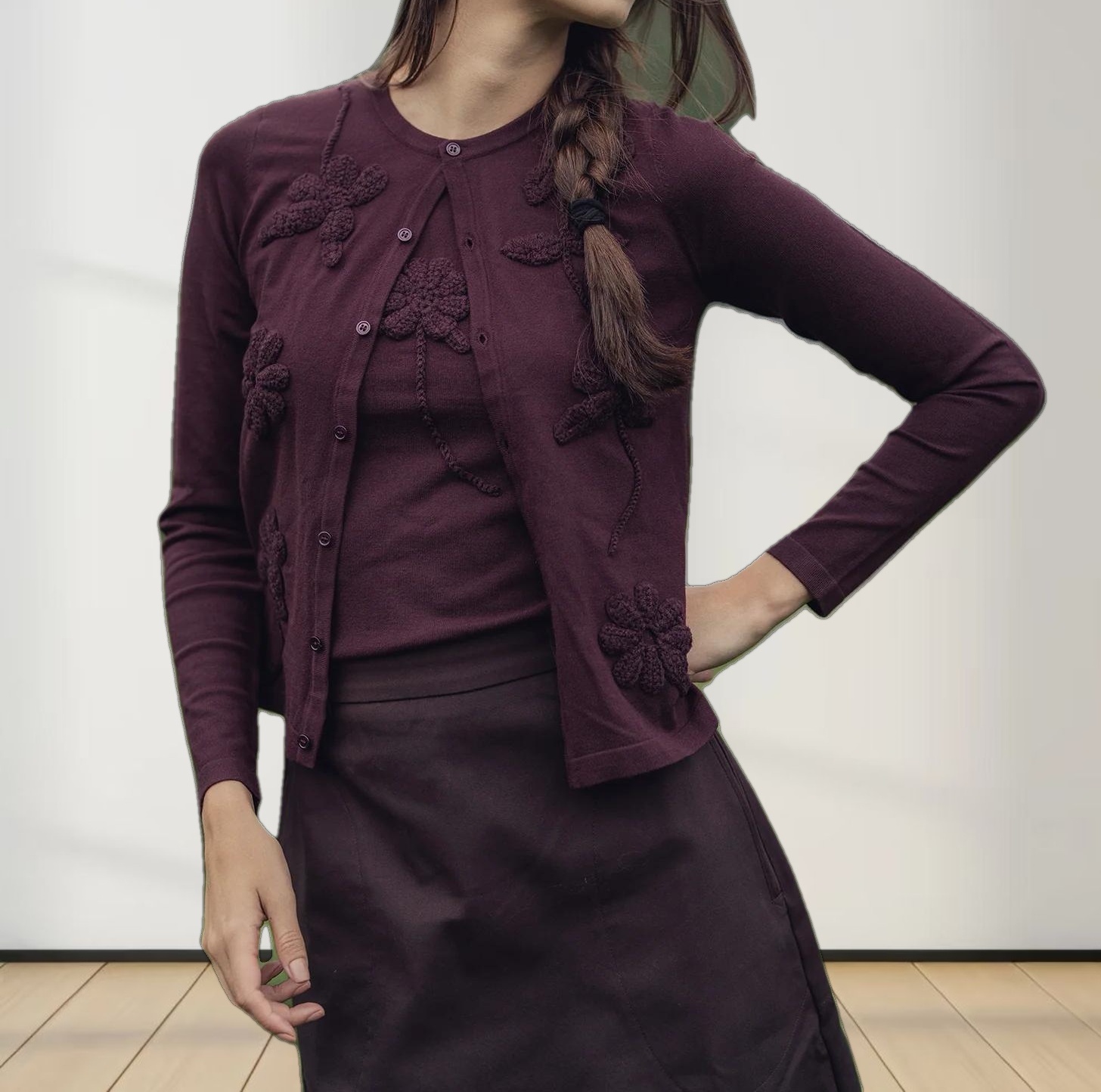 Crochet Puff Flower Sweater Set-Plum