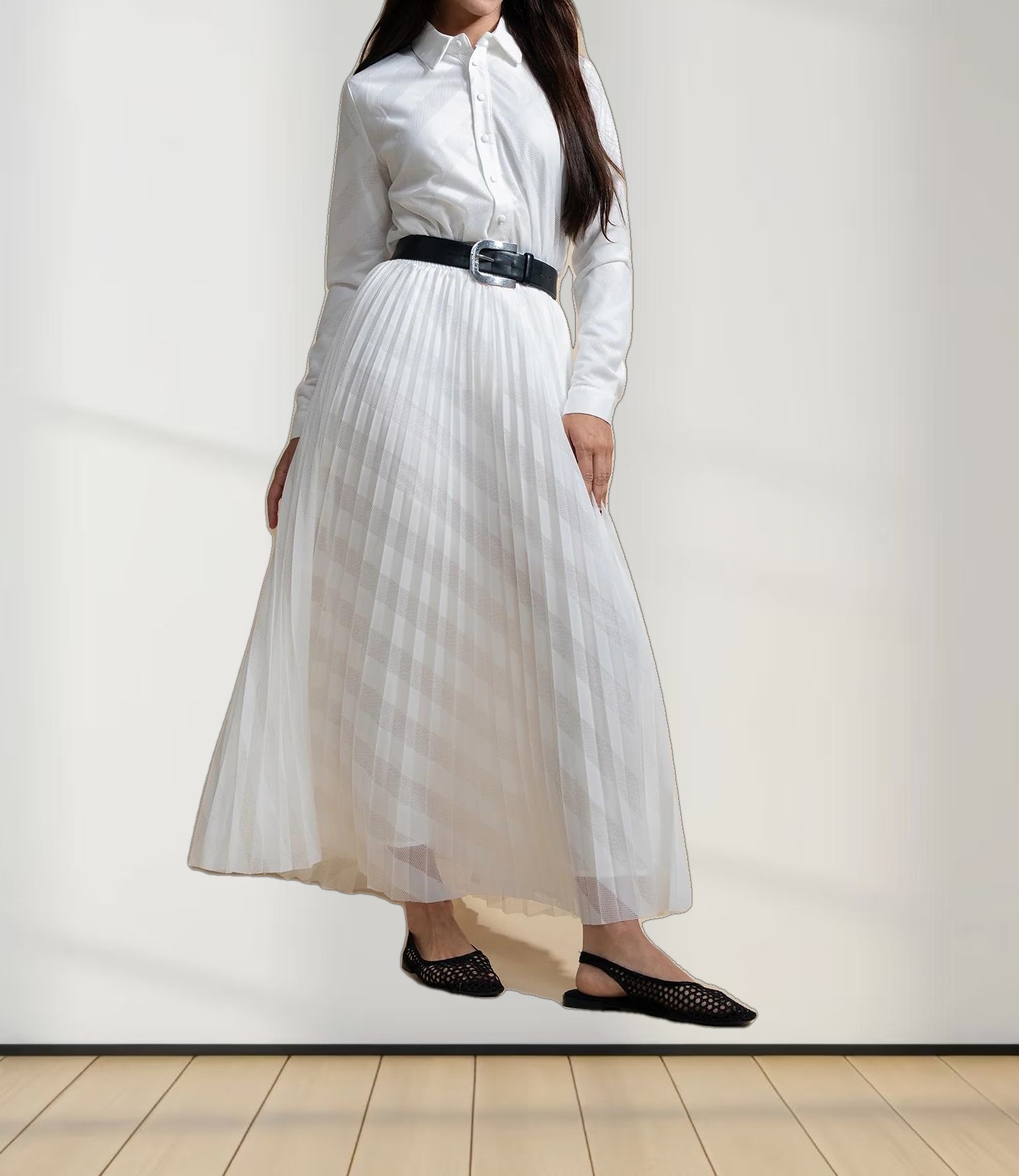 Perforated Pleated Skirt-White