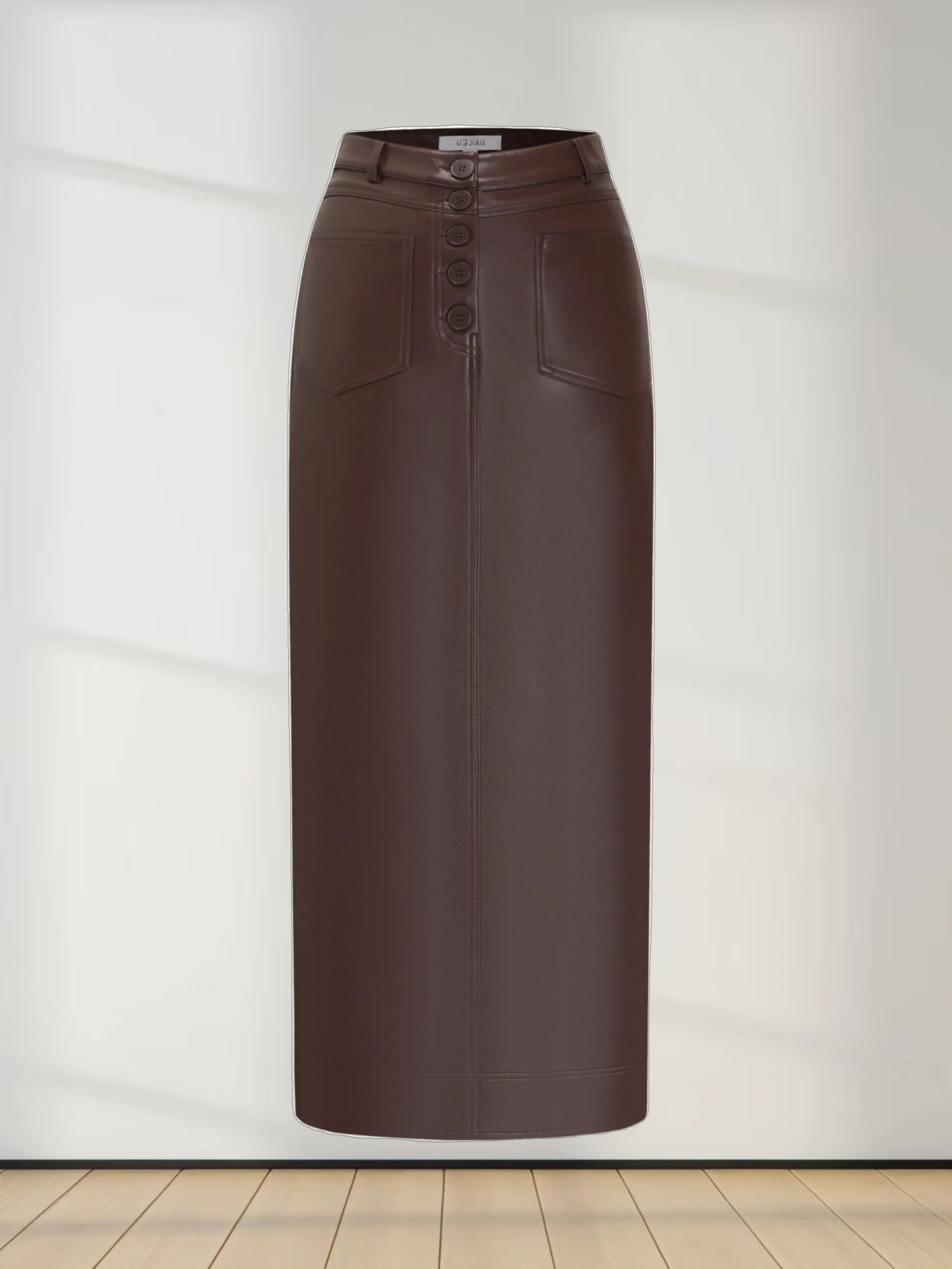 Front Pocket Straight Faux Leather Skirt-Brown