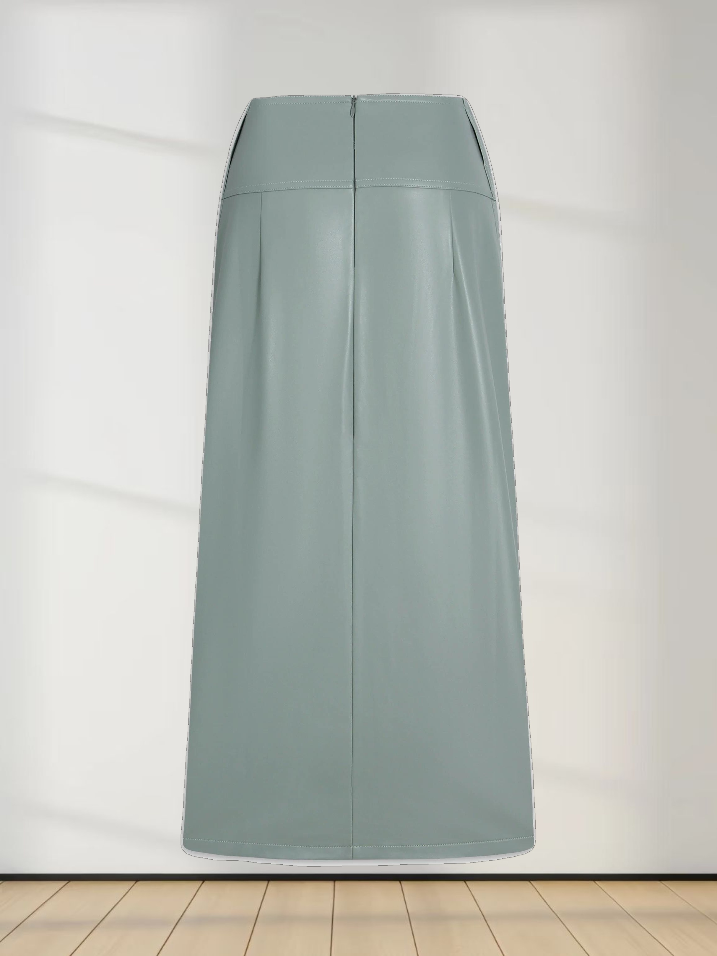 Leather Inverted Pleat Skirt-Seafoam