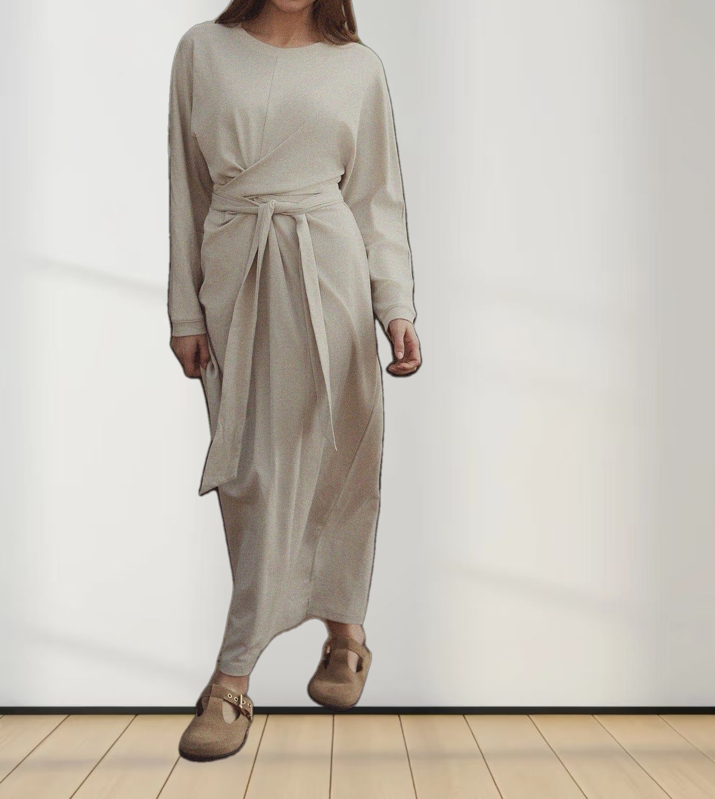 Wrap Tie T-Shirt Maxi Dress-Bone