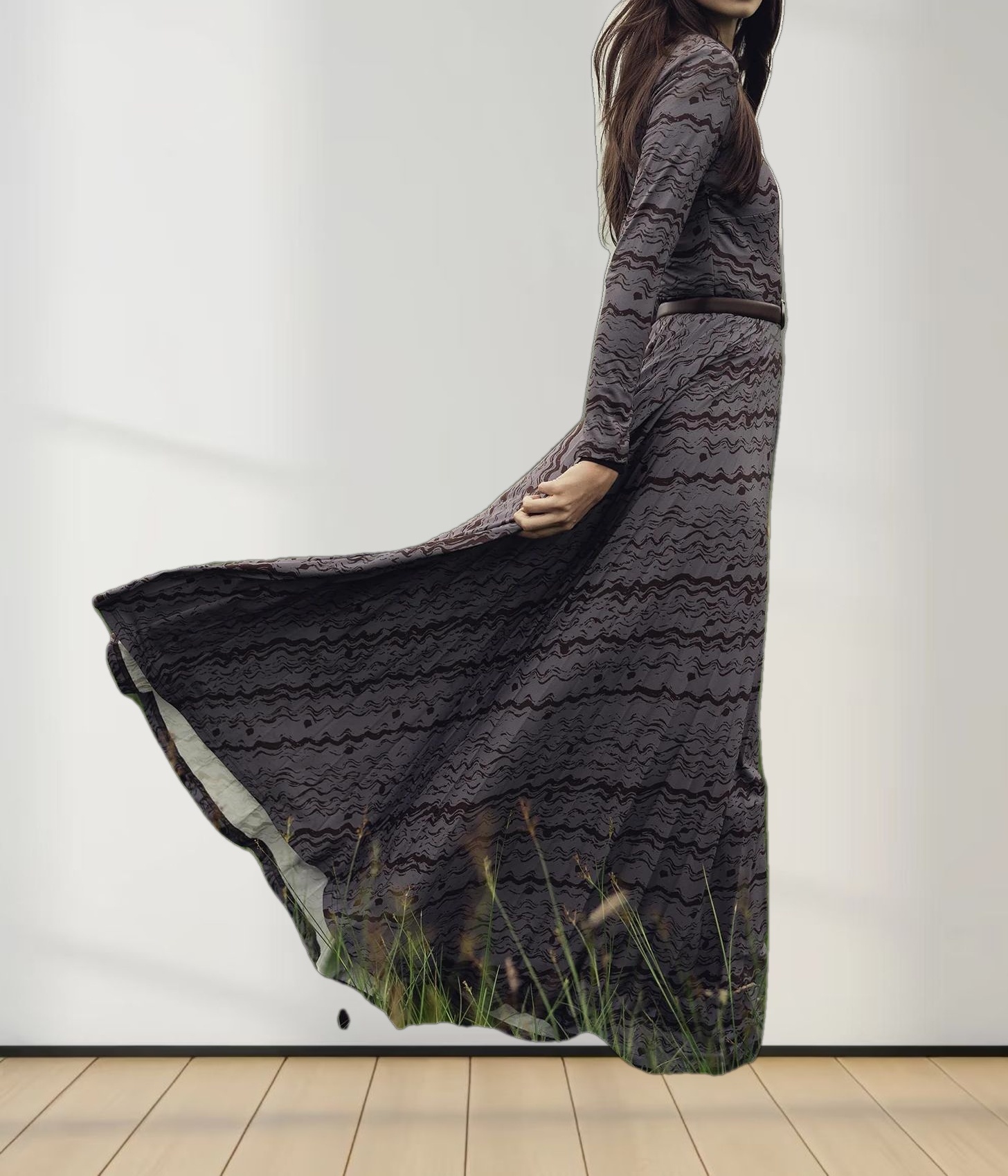 Pleat Bottom Stretch Maxi Dress-Grey/Brown