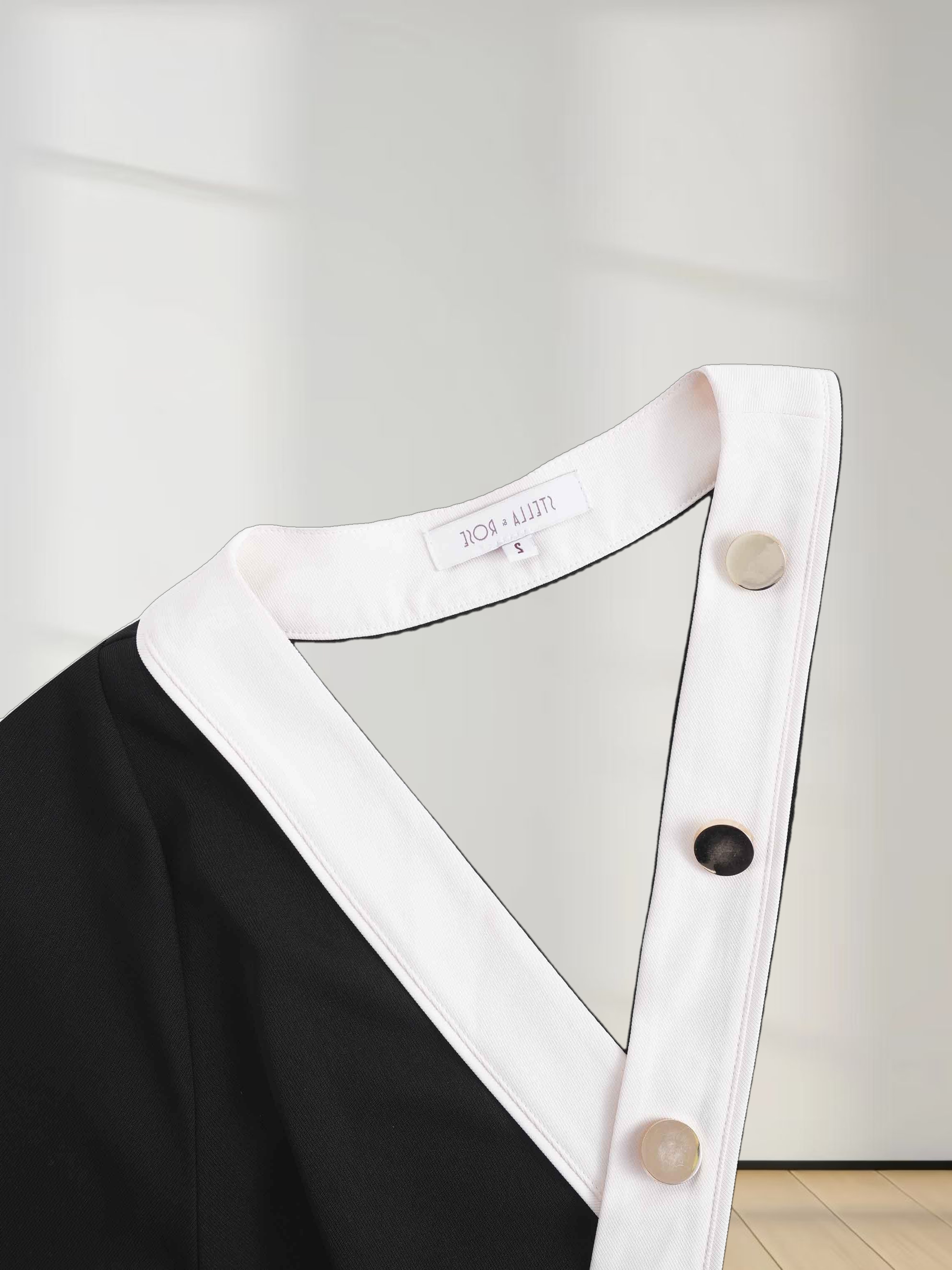 Side Button Dress- Black/Cream Trim