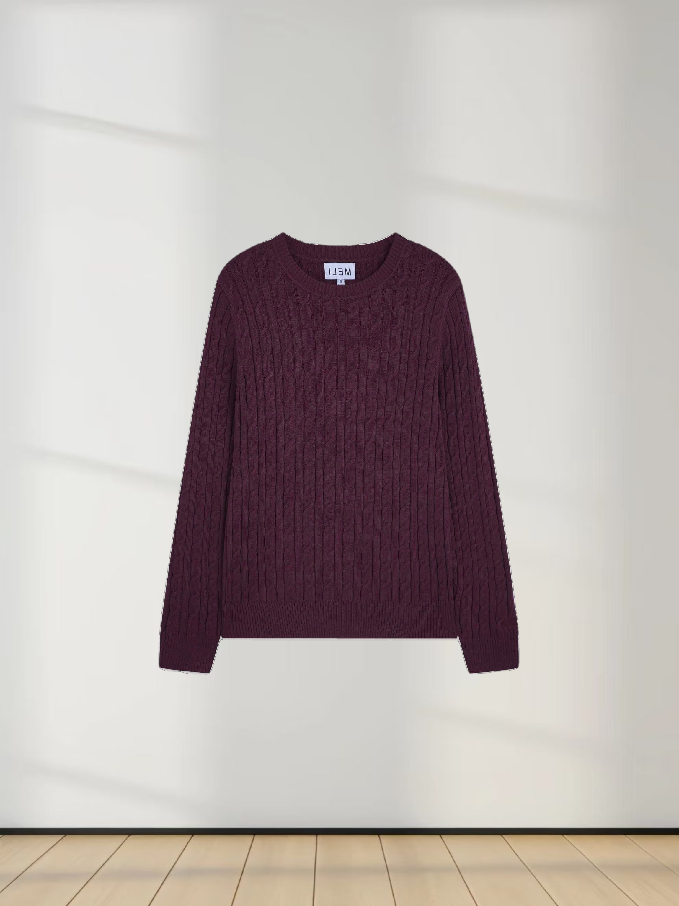 Knit Cable Sweater-Heathered Burgundy/Grey