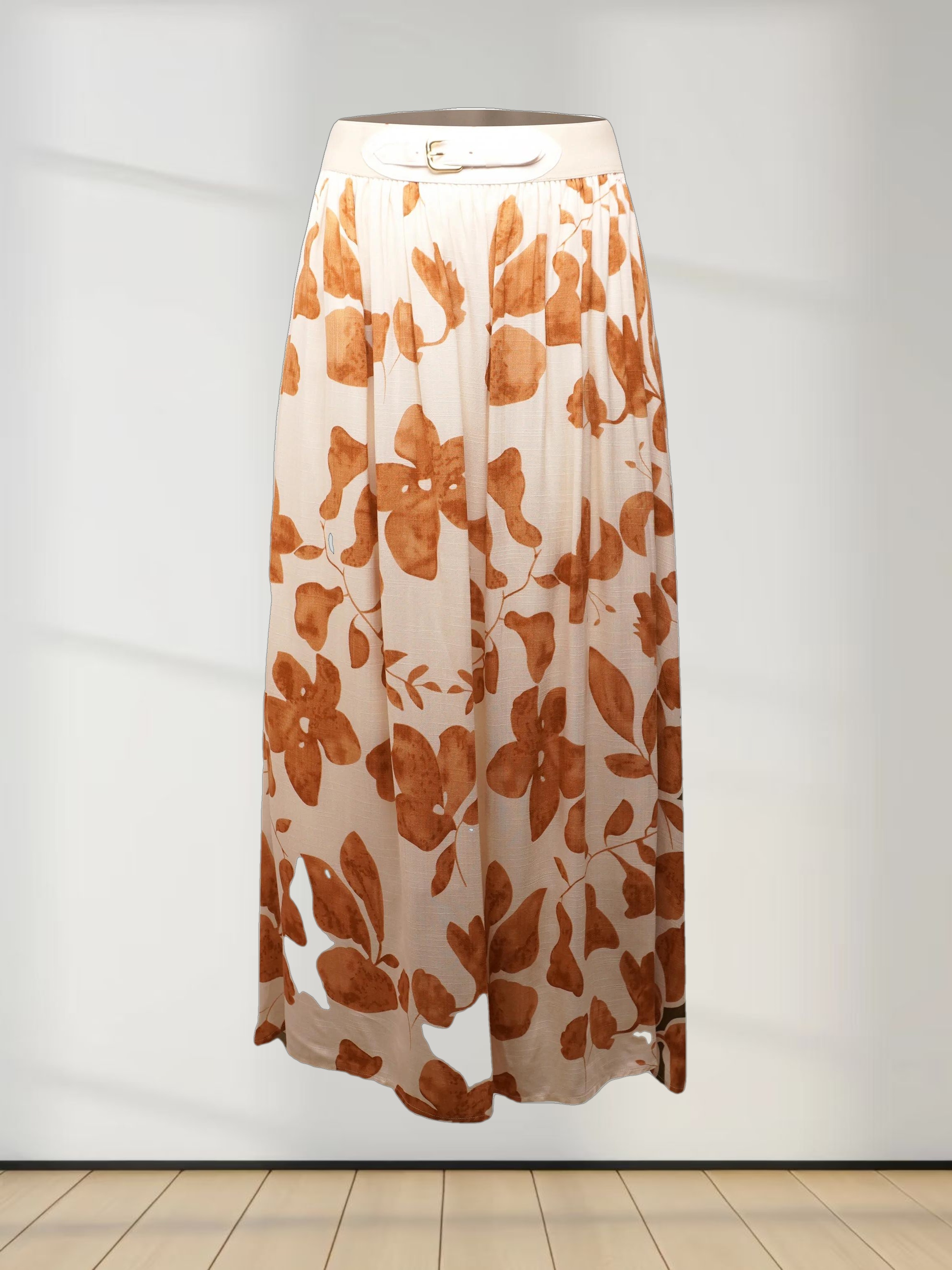 Leather Buckle Skirt-Tan Floral