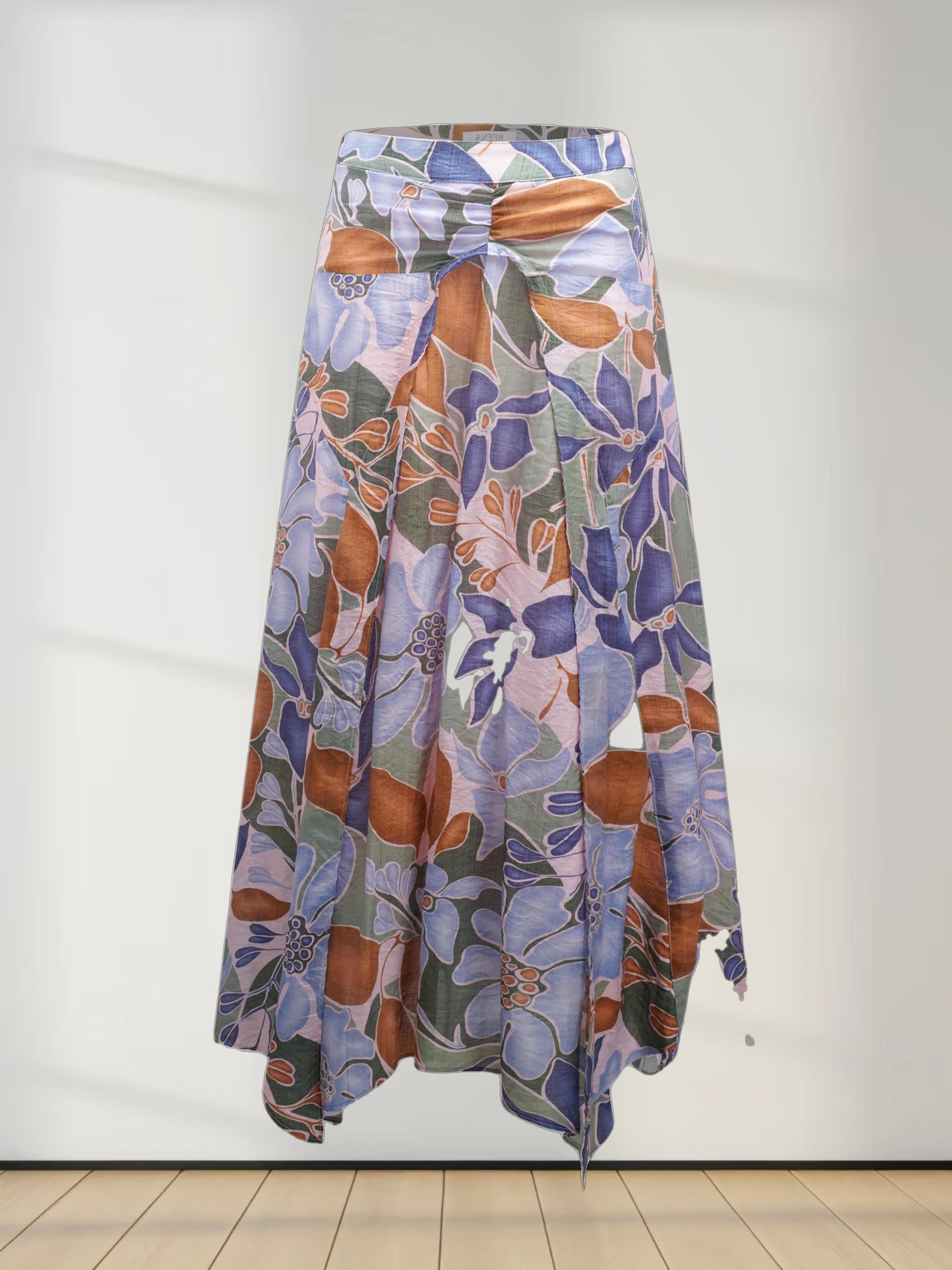 Asymmetrical Hem Ruffle Skirt-Brown Blue Floral