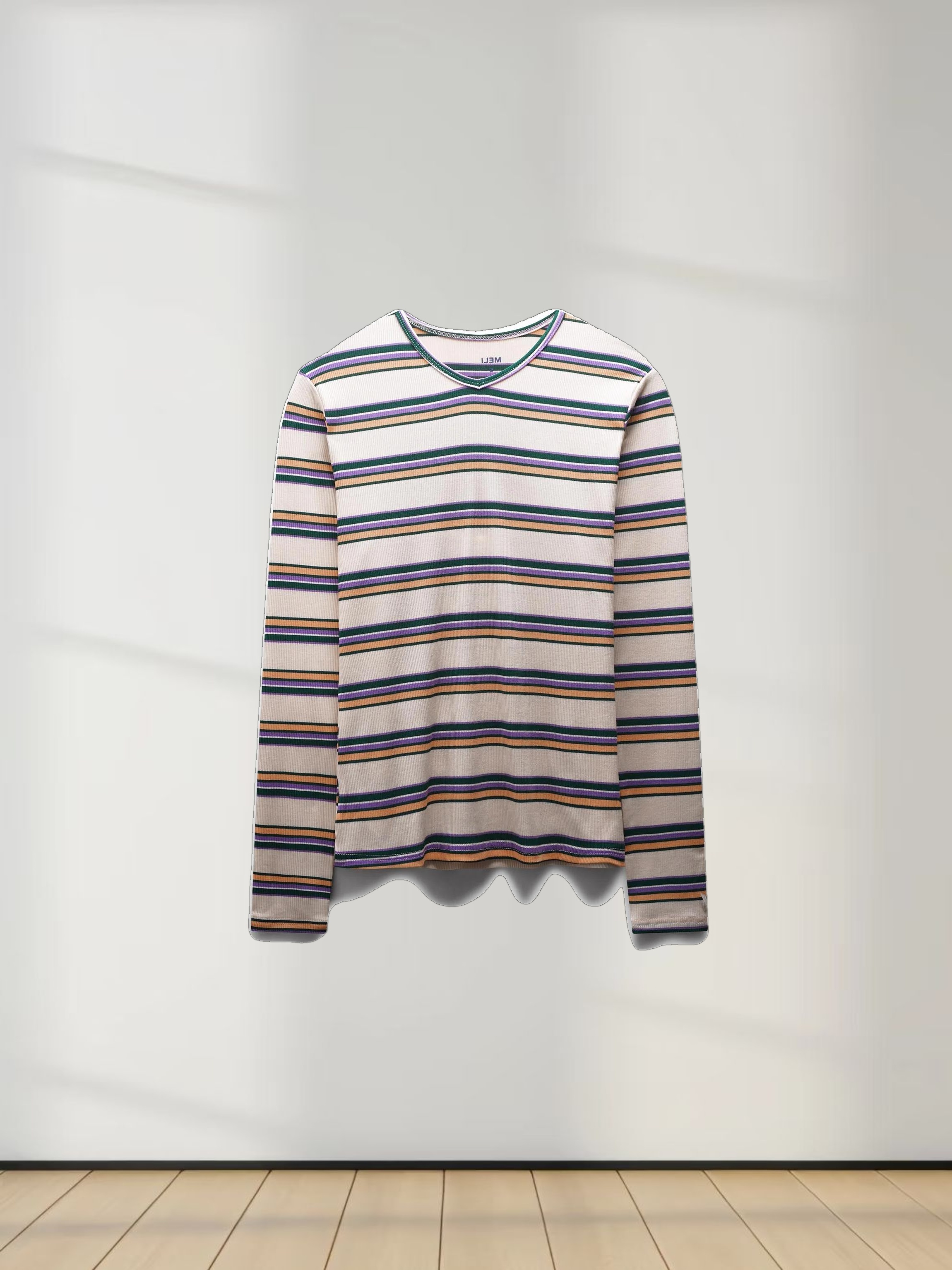 Ribbed Striped High V Tee Long Sleeve-Peach/Green