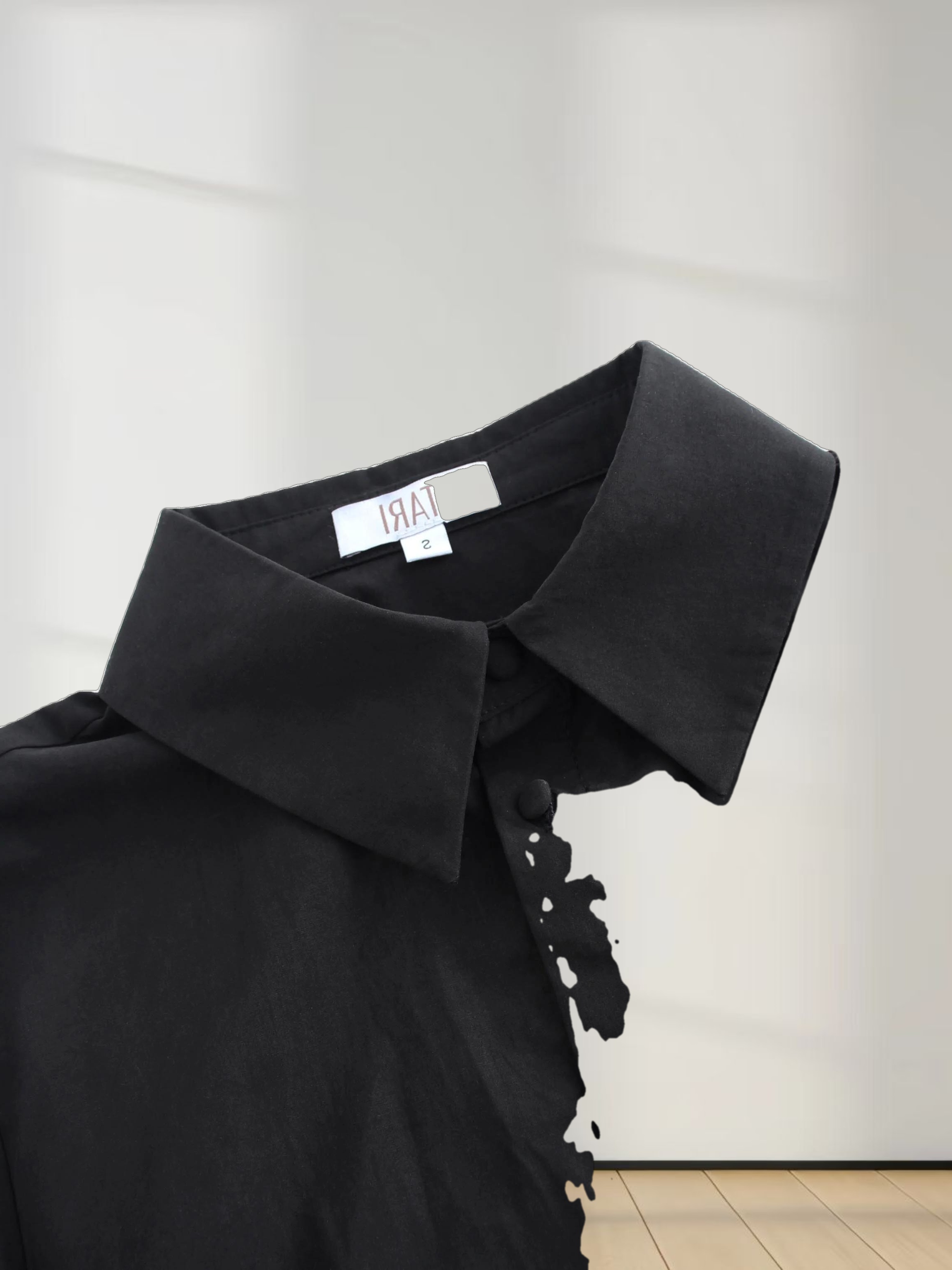 Elastic Waist Tiered Shirtdress-Black