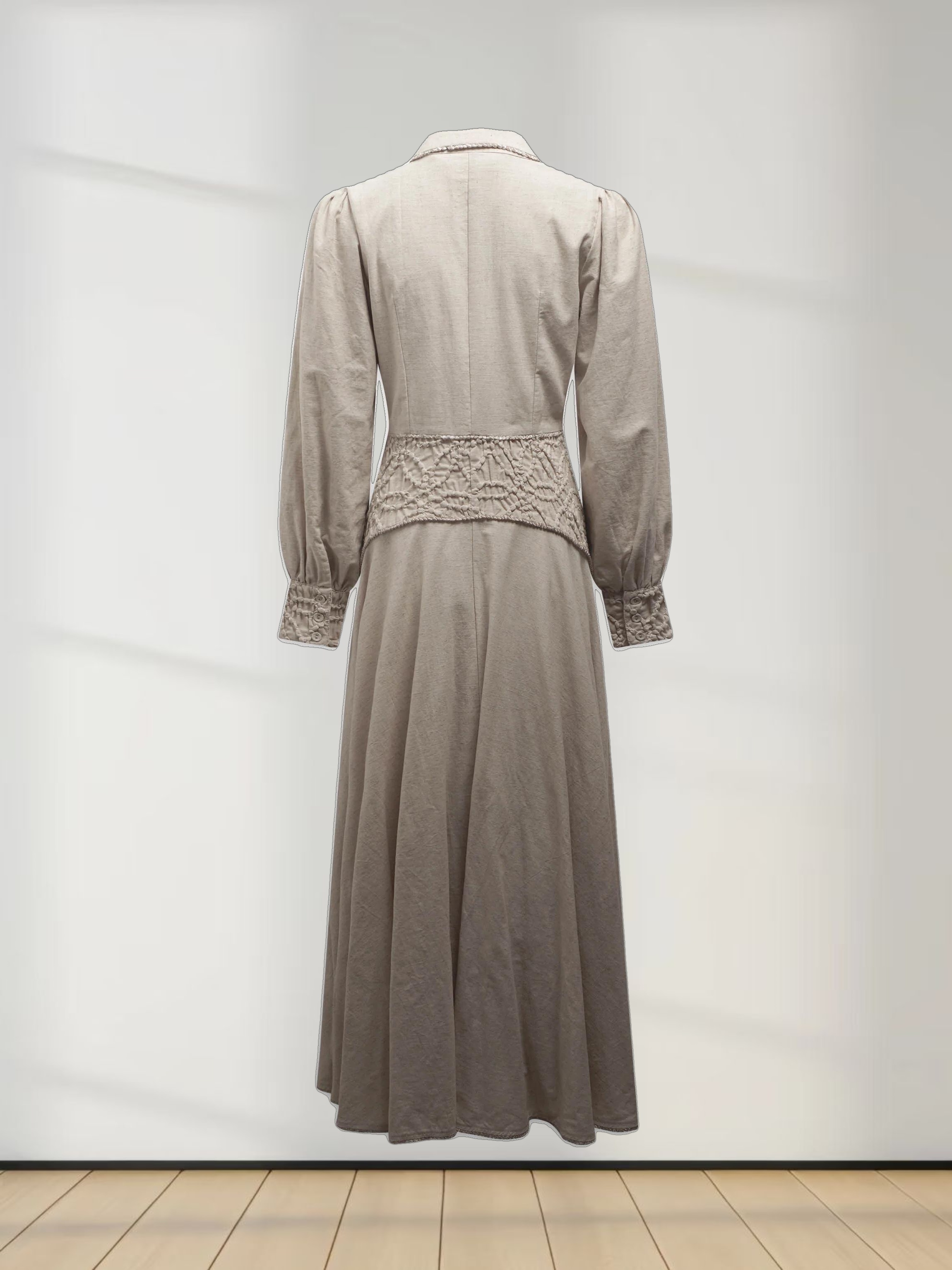 Piped Design Yoke Dress-Oatmeal