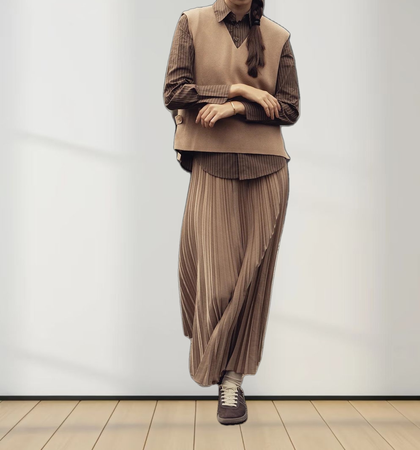 Mix Pleat Skirt-Camel