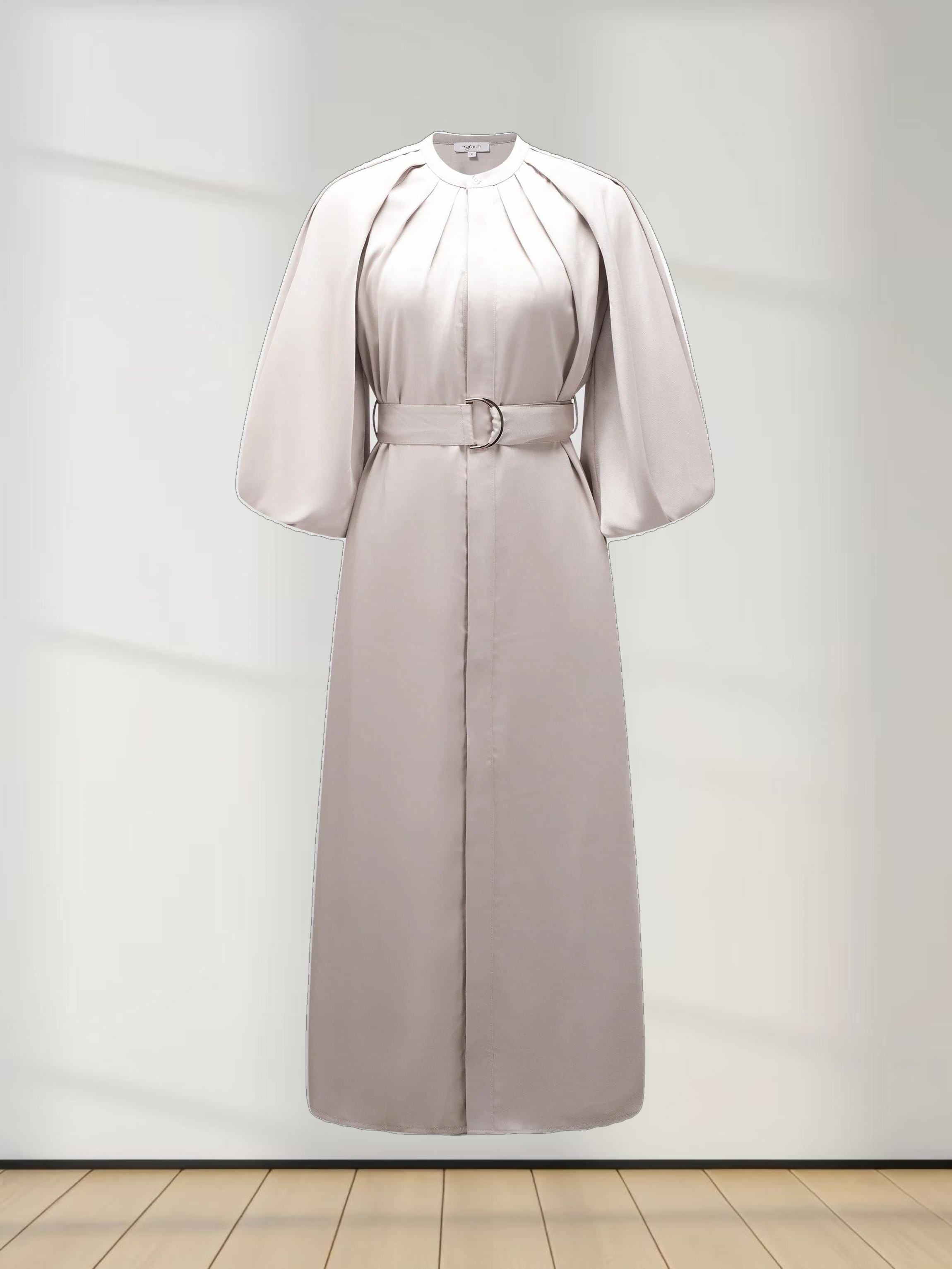 Pleat Neck Belted Dress-Ecru