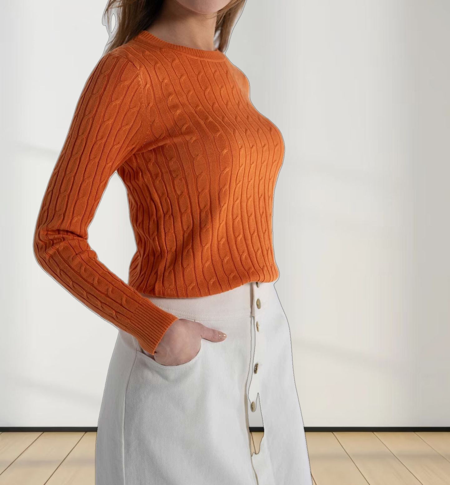 Knit Cable Sweater-Orange