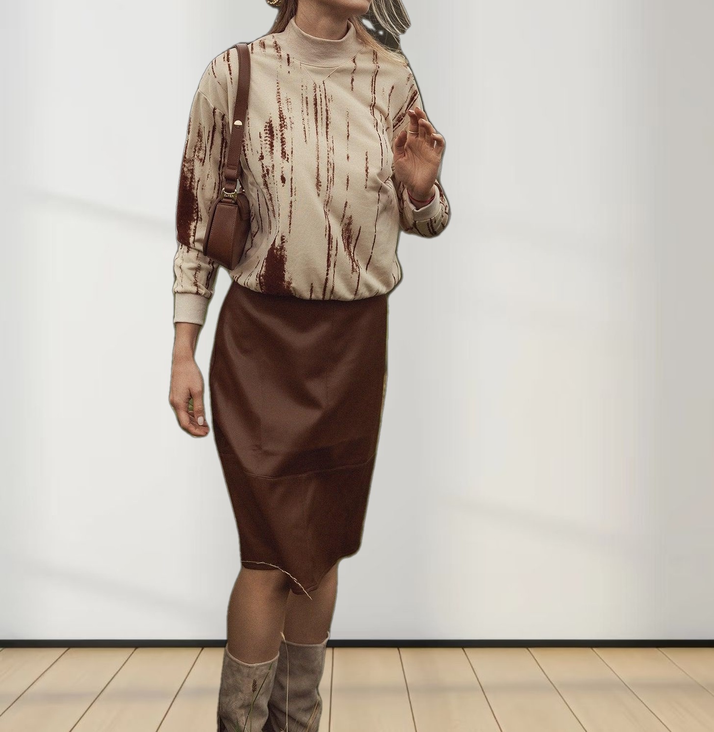 Short A-Line Seamed Faux Leather Skirt-Brown