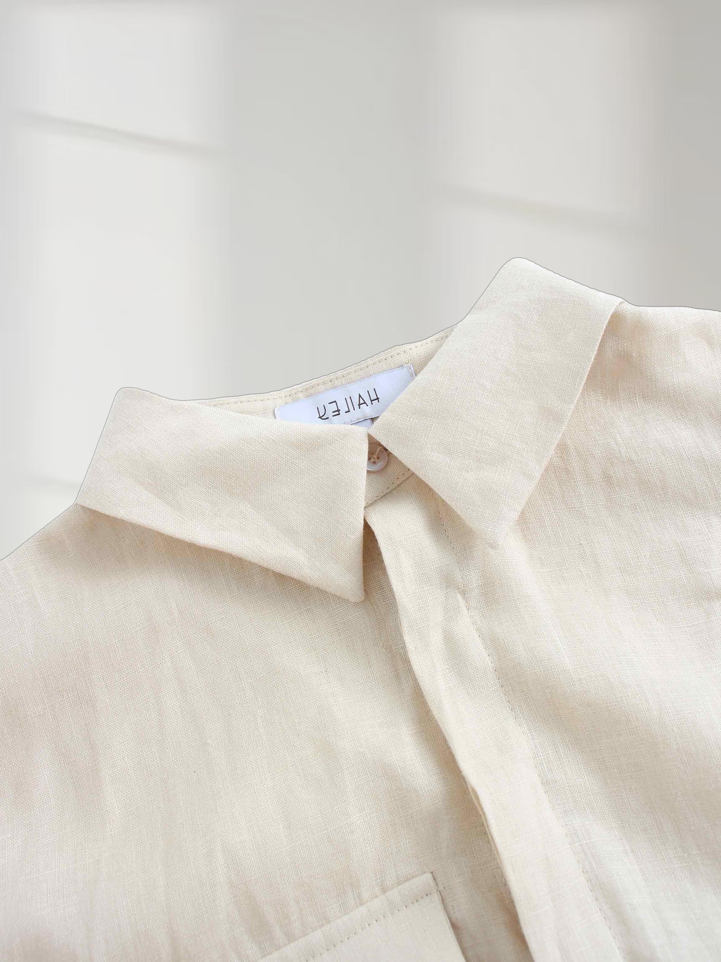 Drawstring Button Down Linen Top-Ecru