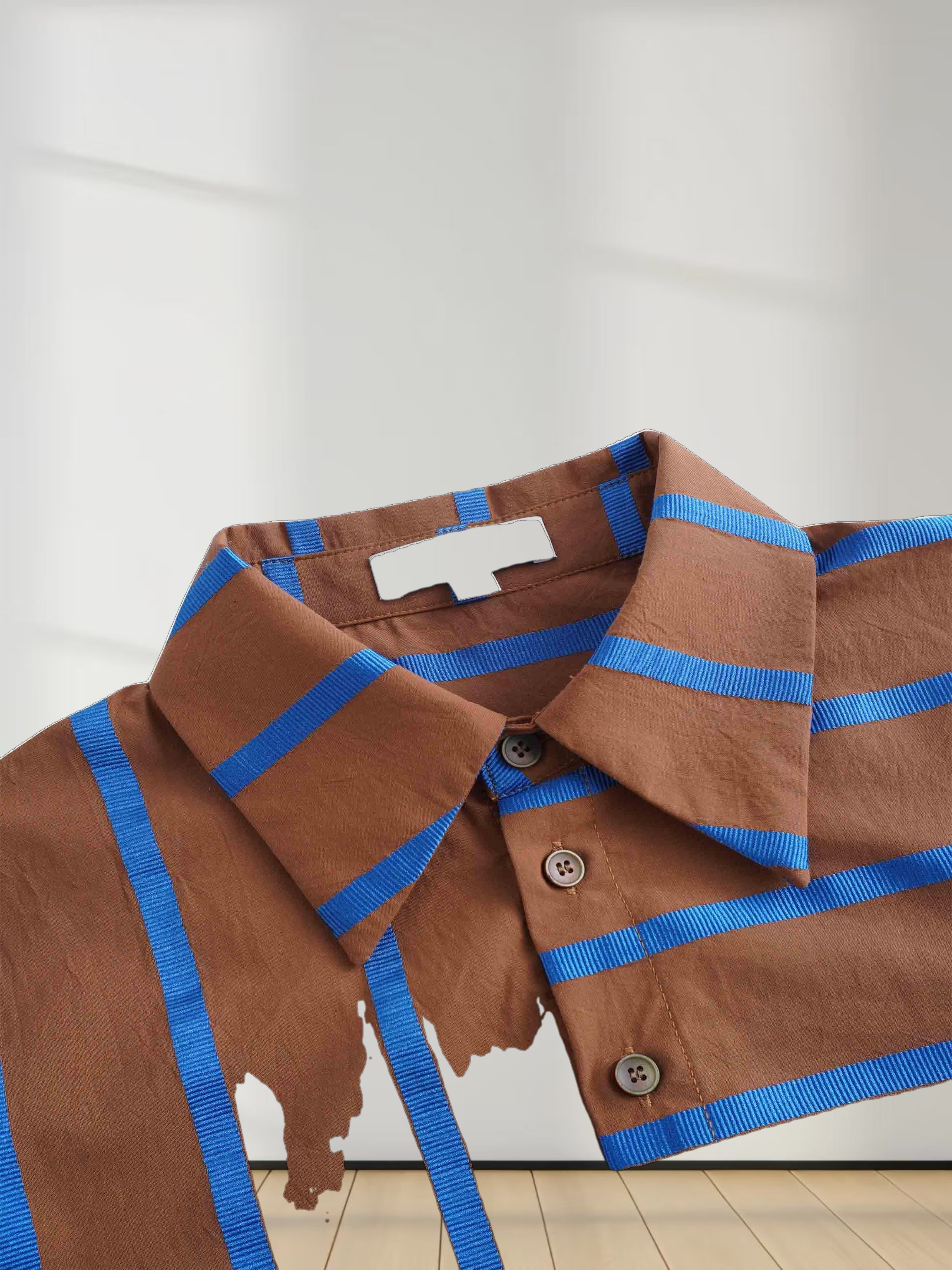 Long Button Down Shirtdress-Brown/Blue Stripe