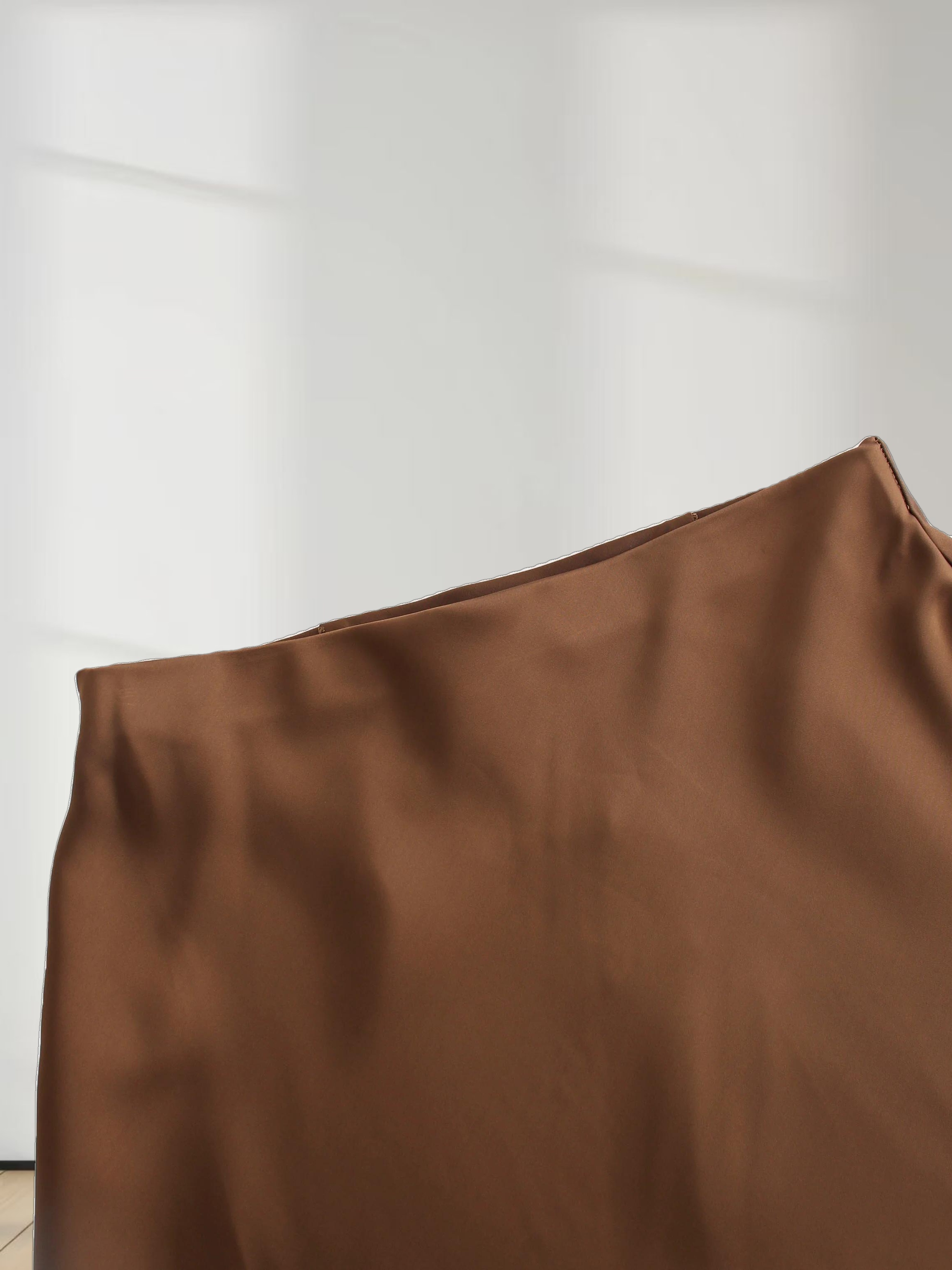 Solid Faux Satin Slip Skirt-Brown