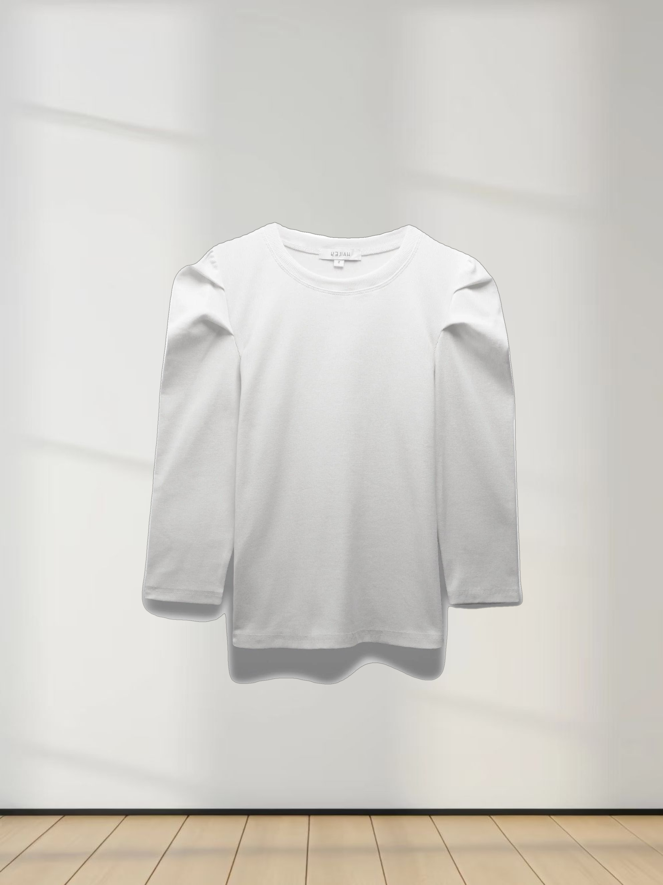 Ribbed Crew Neck Puff Sleeve Top-White