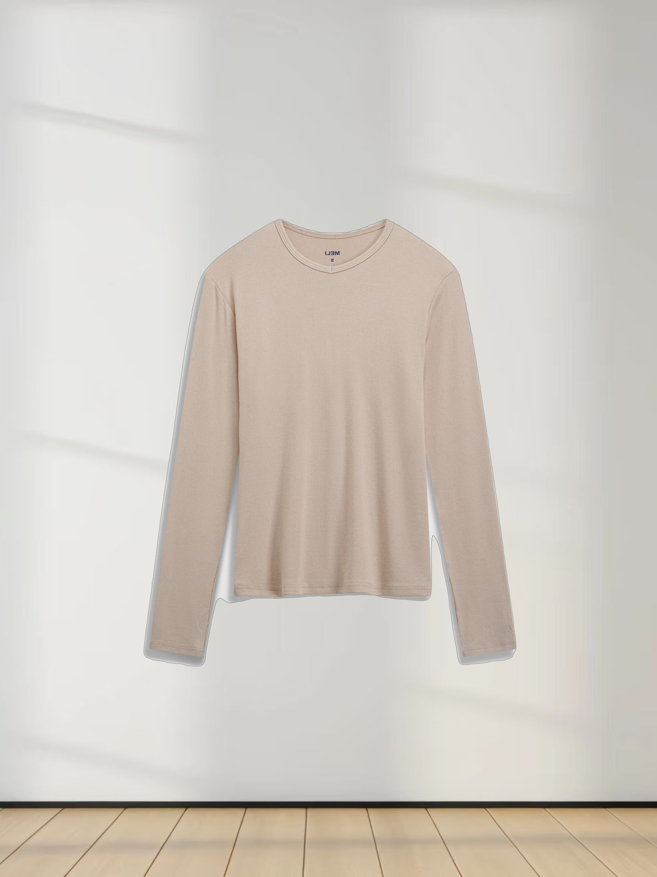 RIBBED HIGH V TEE LS-BEIGE
