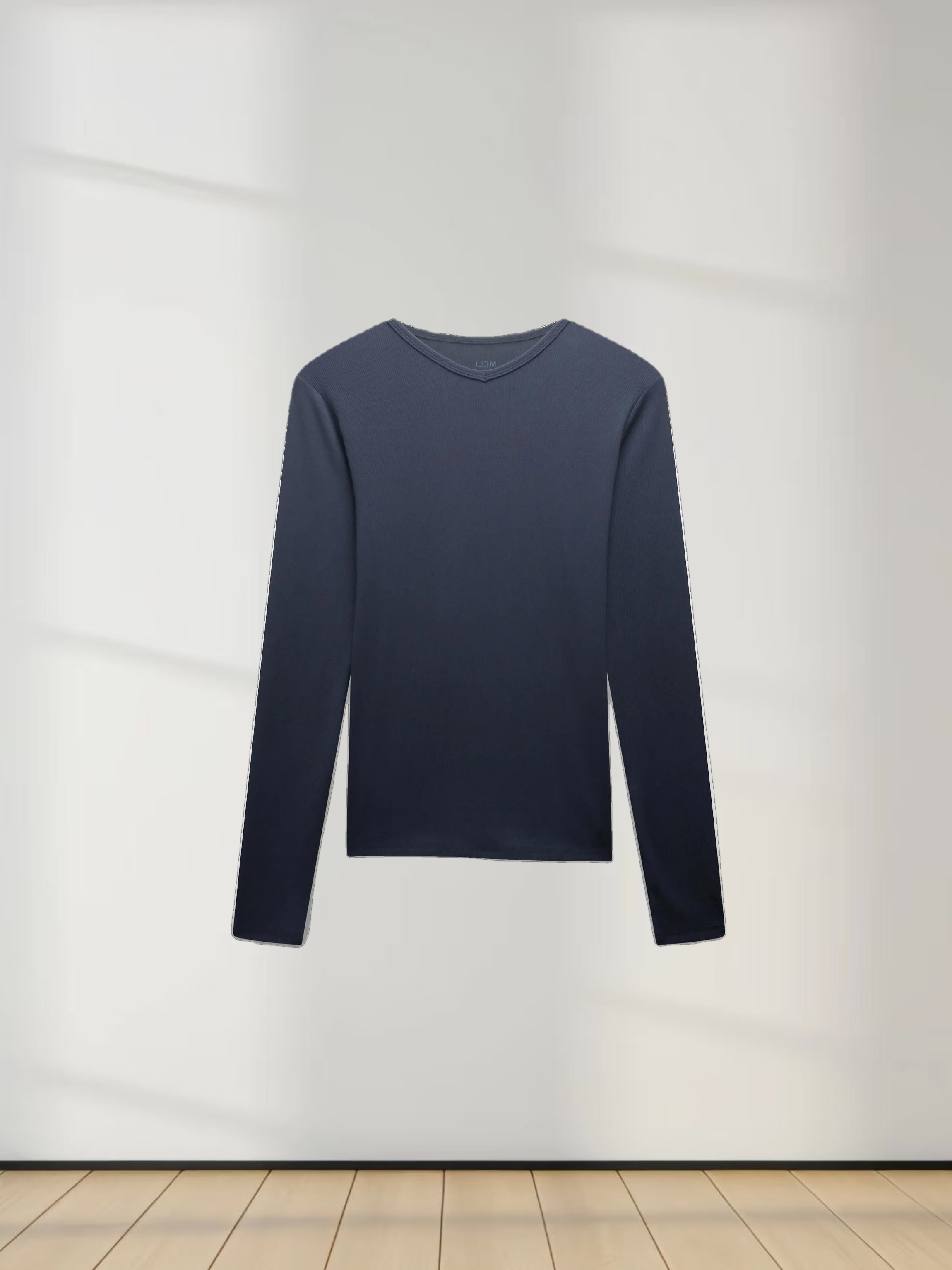 RIBBED HIGH V TEE LS-DENIM BLUE