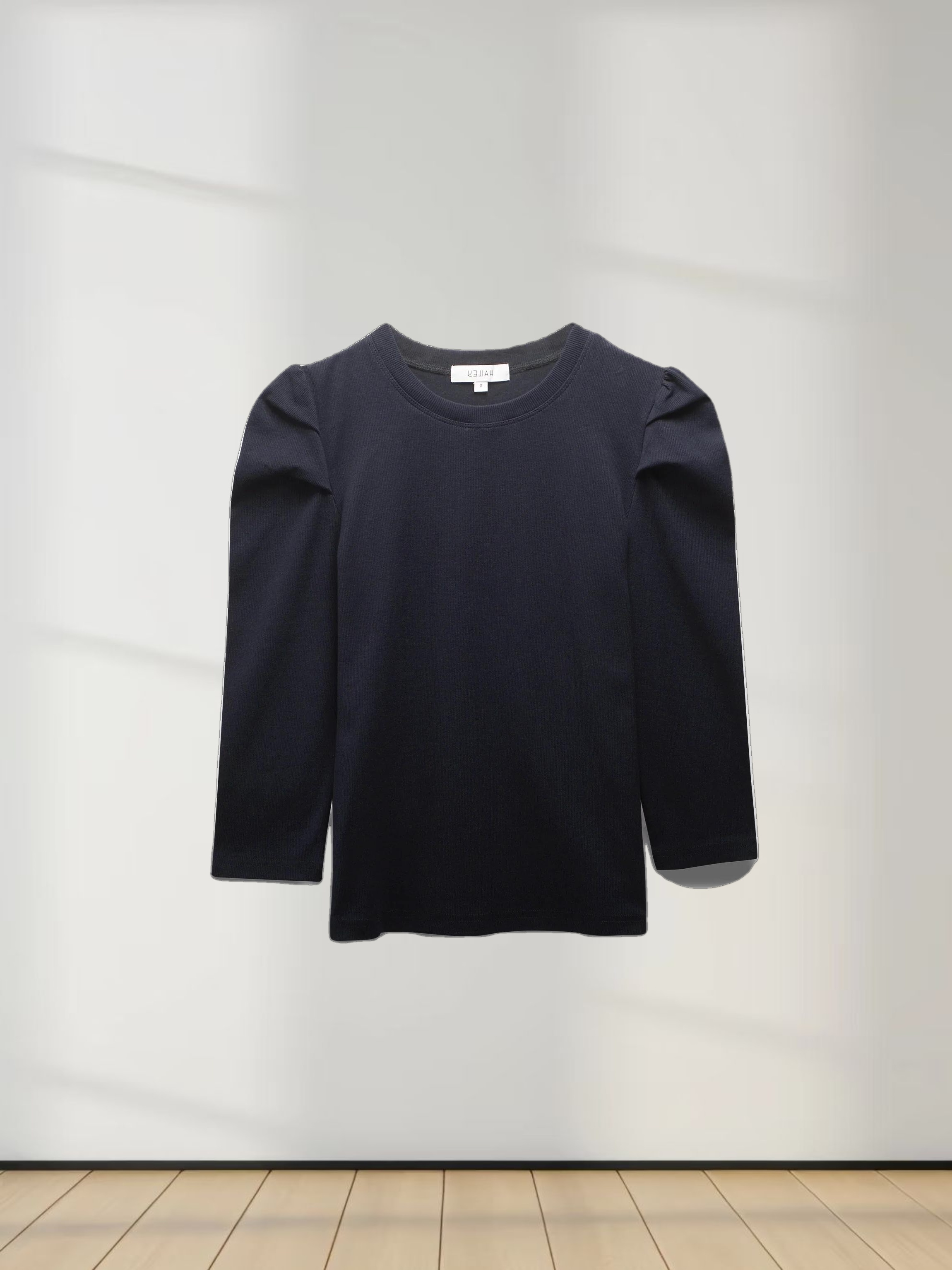 Ribbed Crew Neck Puff Sleeve Top-Navy