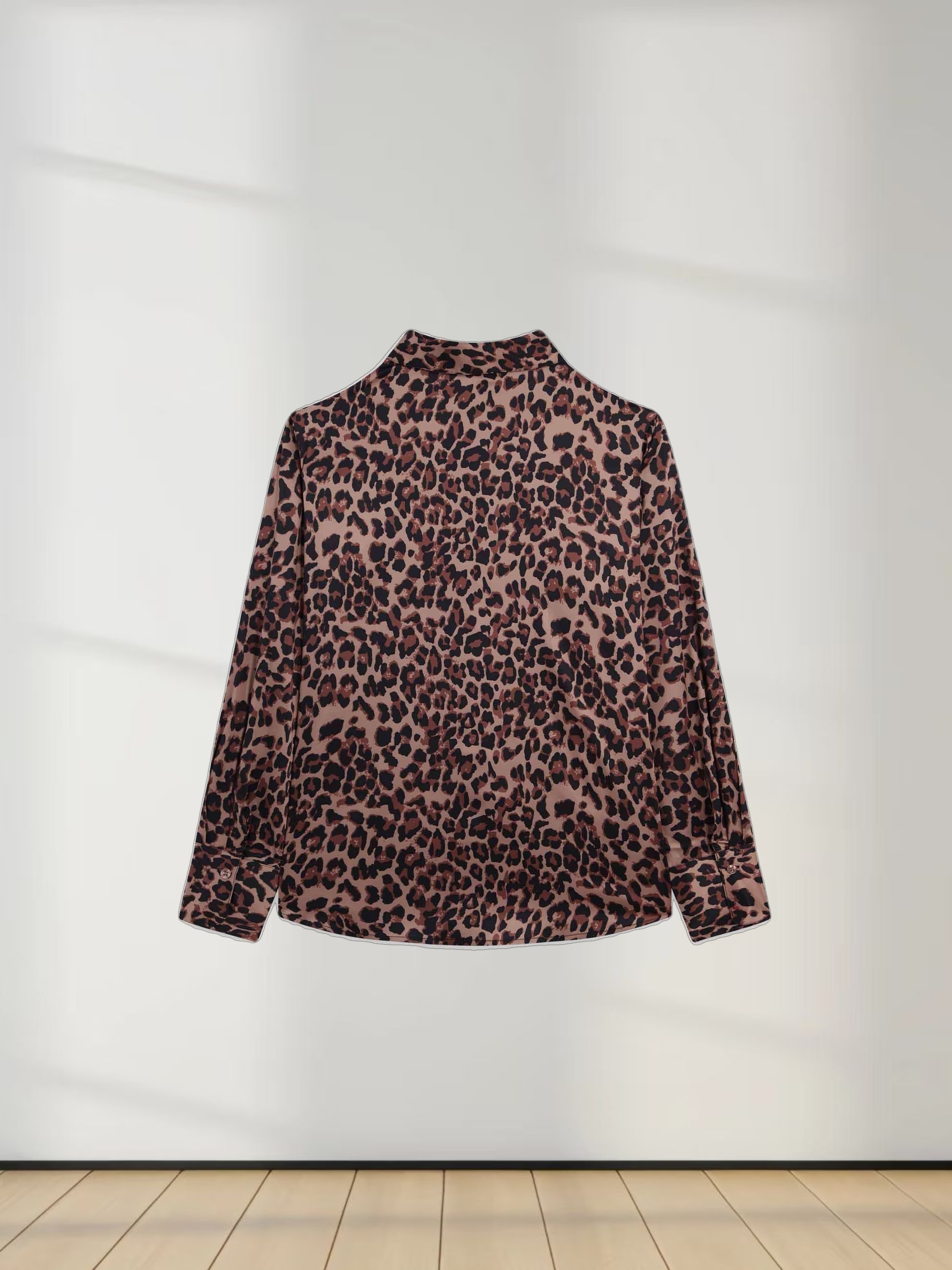 Oversized Satin Slip Blouse-Brown Leopard