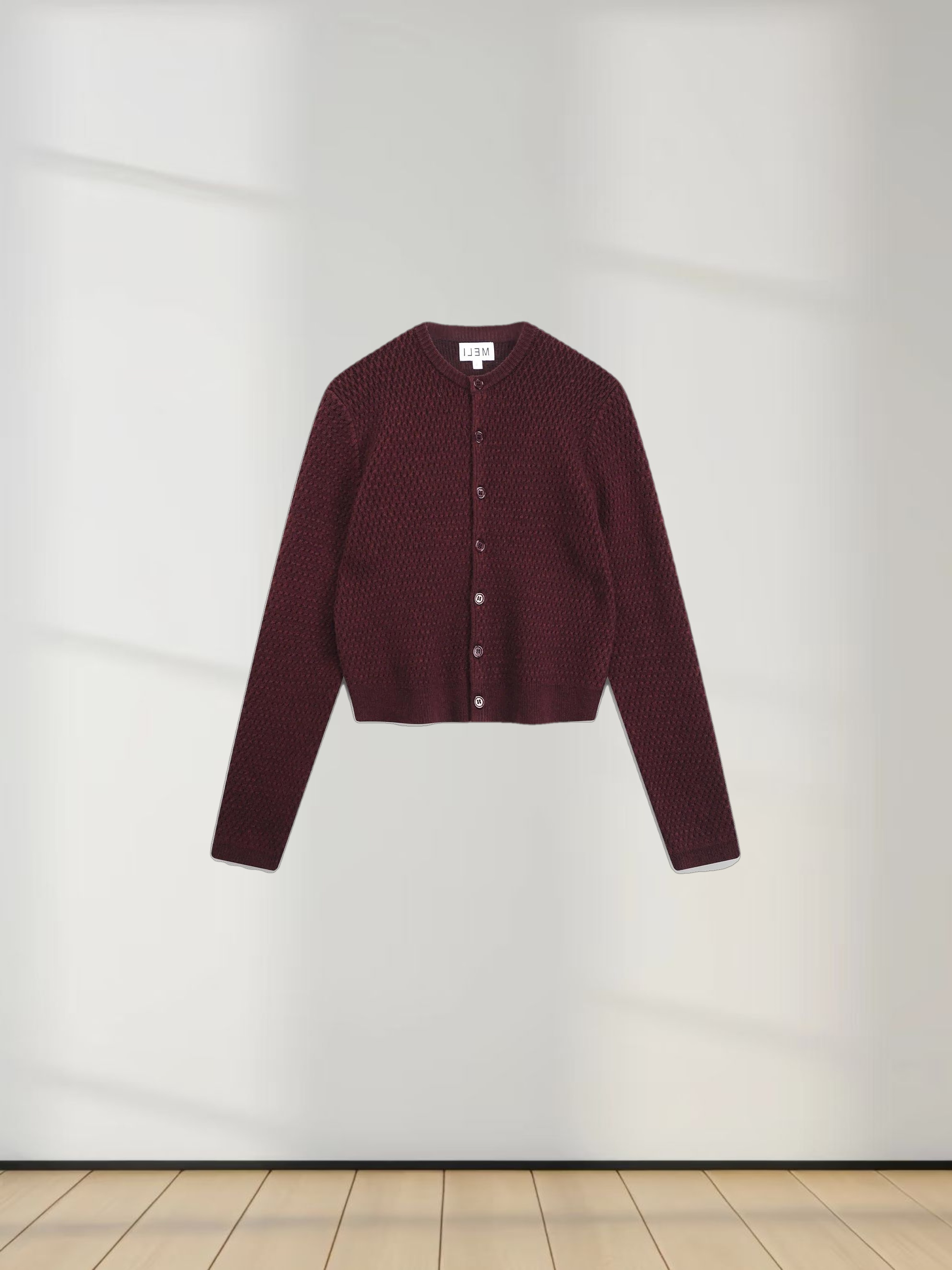 Textured Crew Cardigan-Heathered Burgundy
