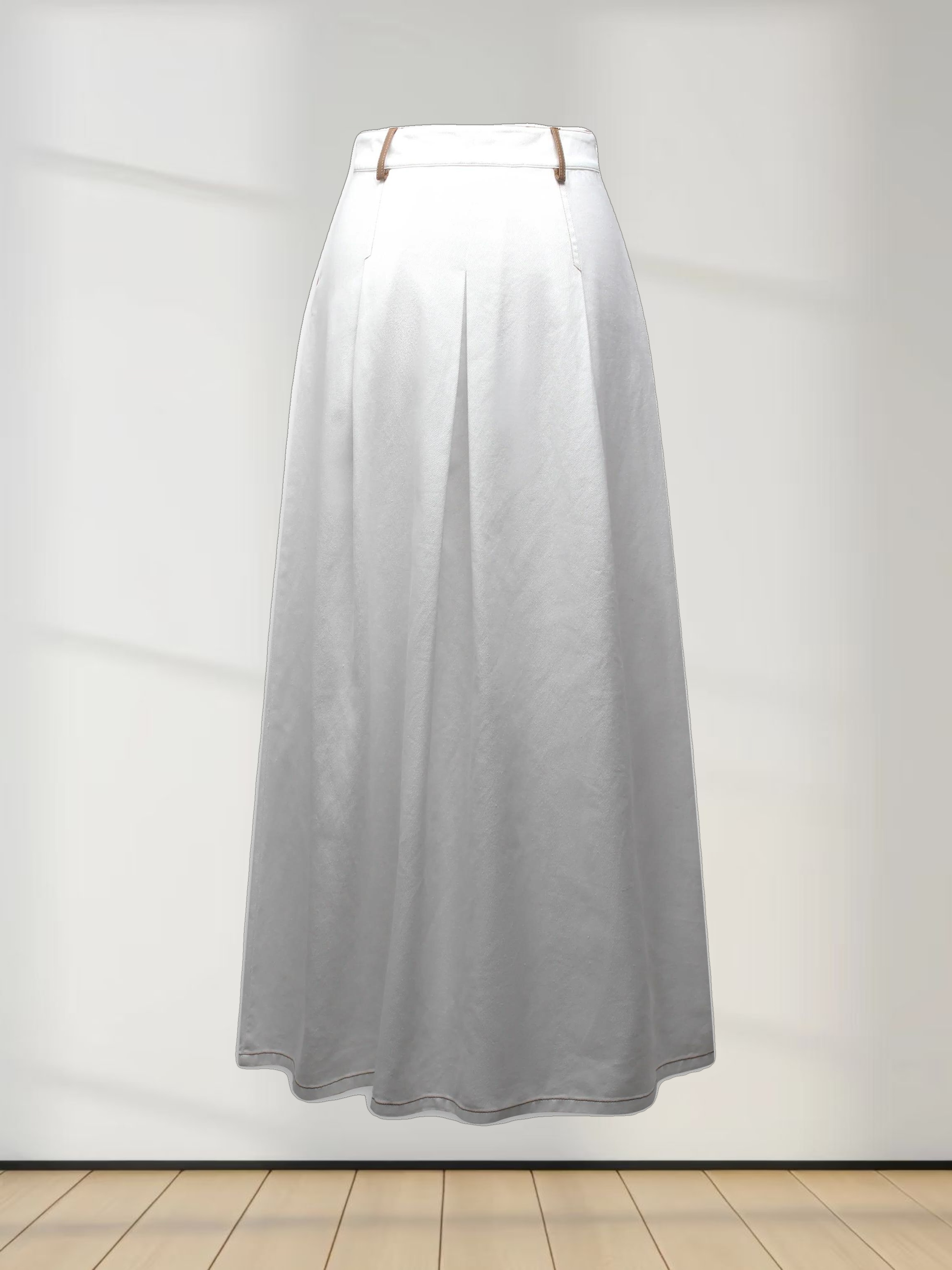 Leather Trim Denim Skirt-White