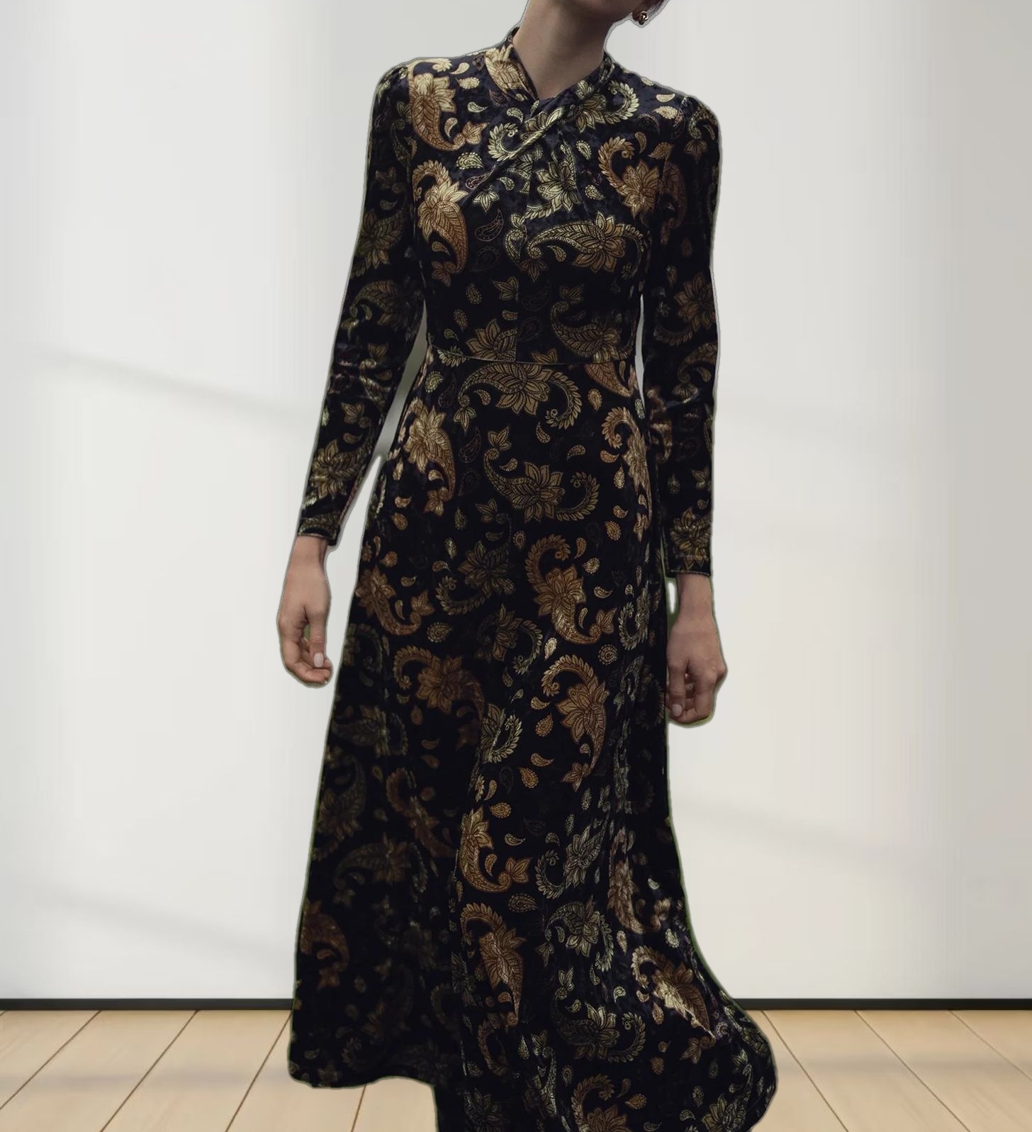 Velour Front Knot Maxi Dress-Gold Paisley