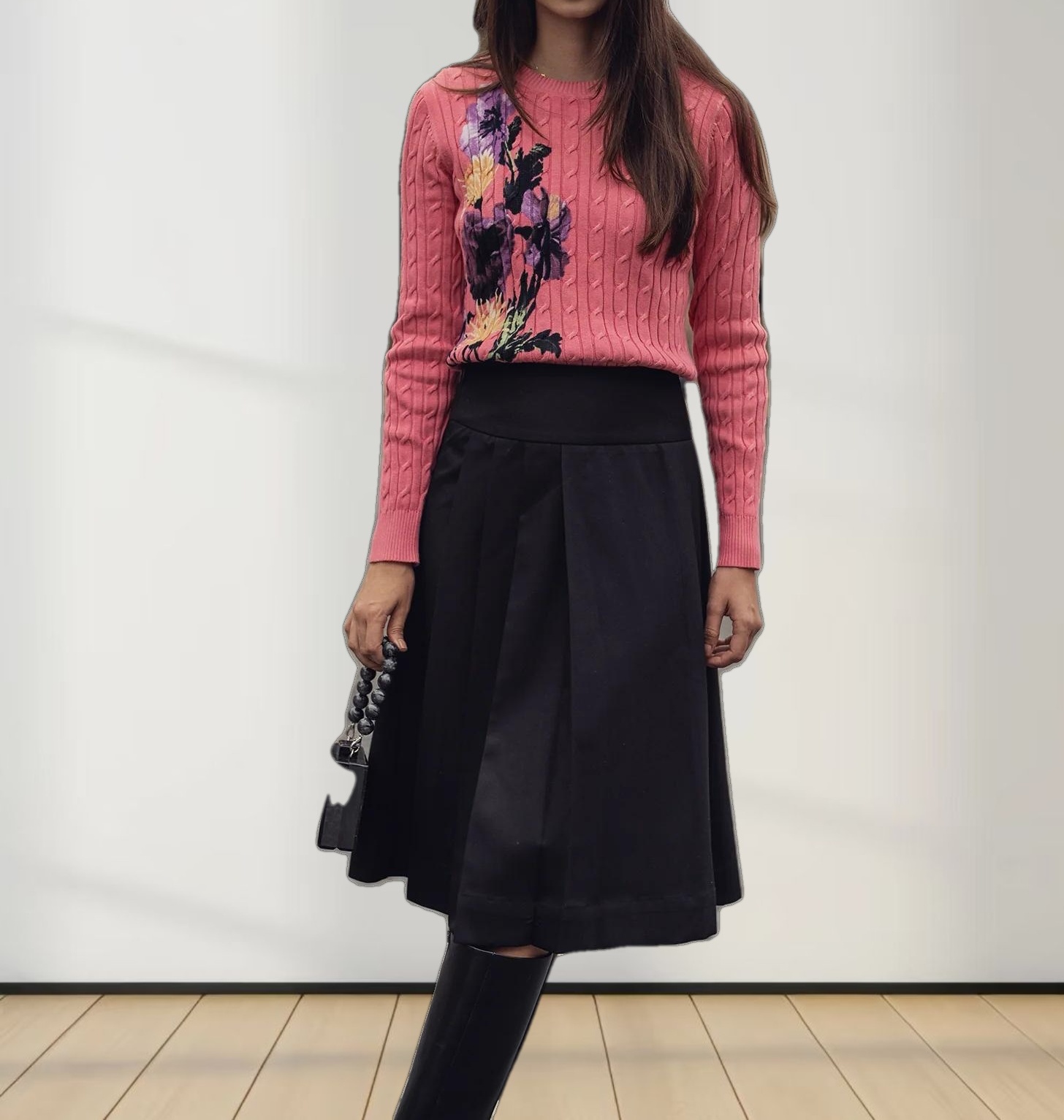 Printed Cable Sweater-Pink Flower