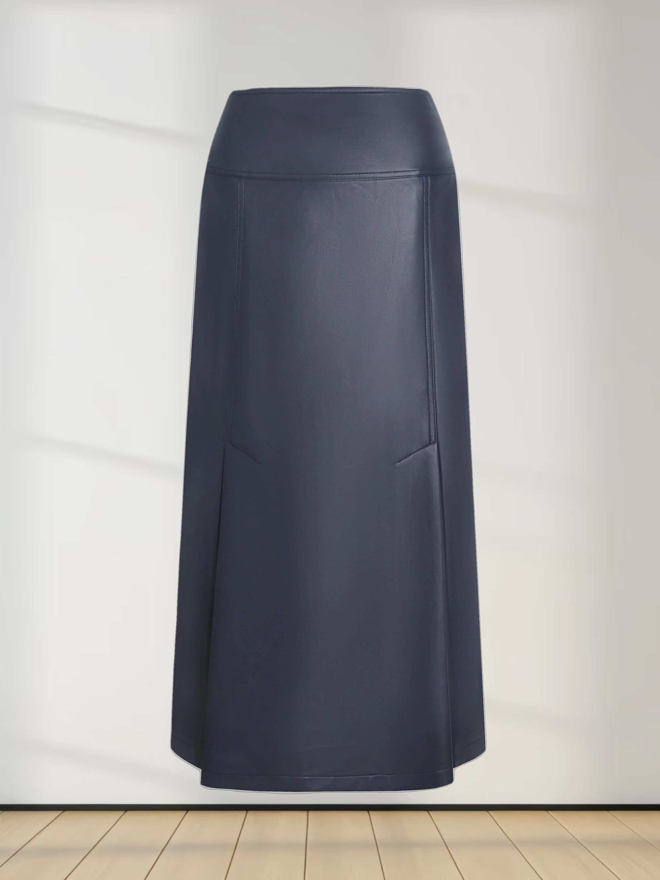 Leather Inverted Pleat Skirt-Navy