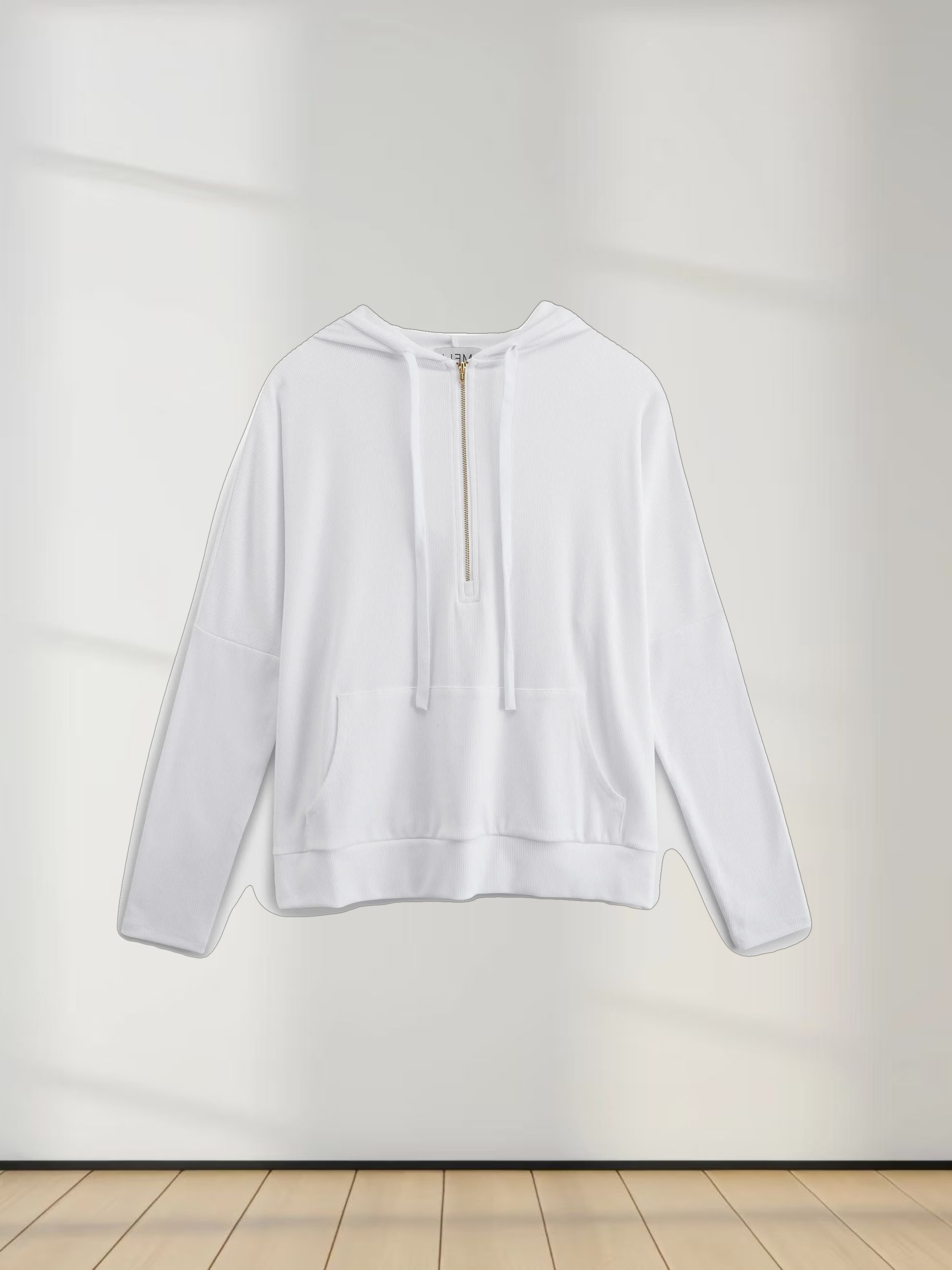 Ribbed Half Zip Hoodie Tee-White