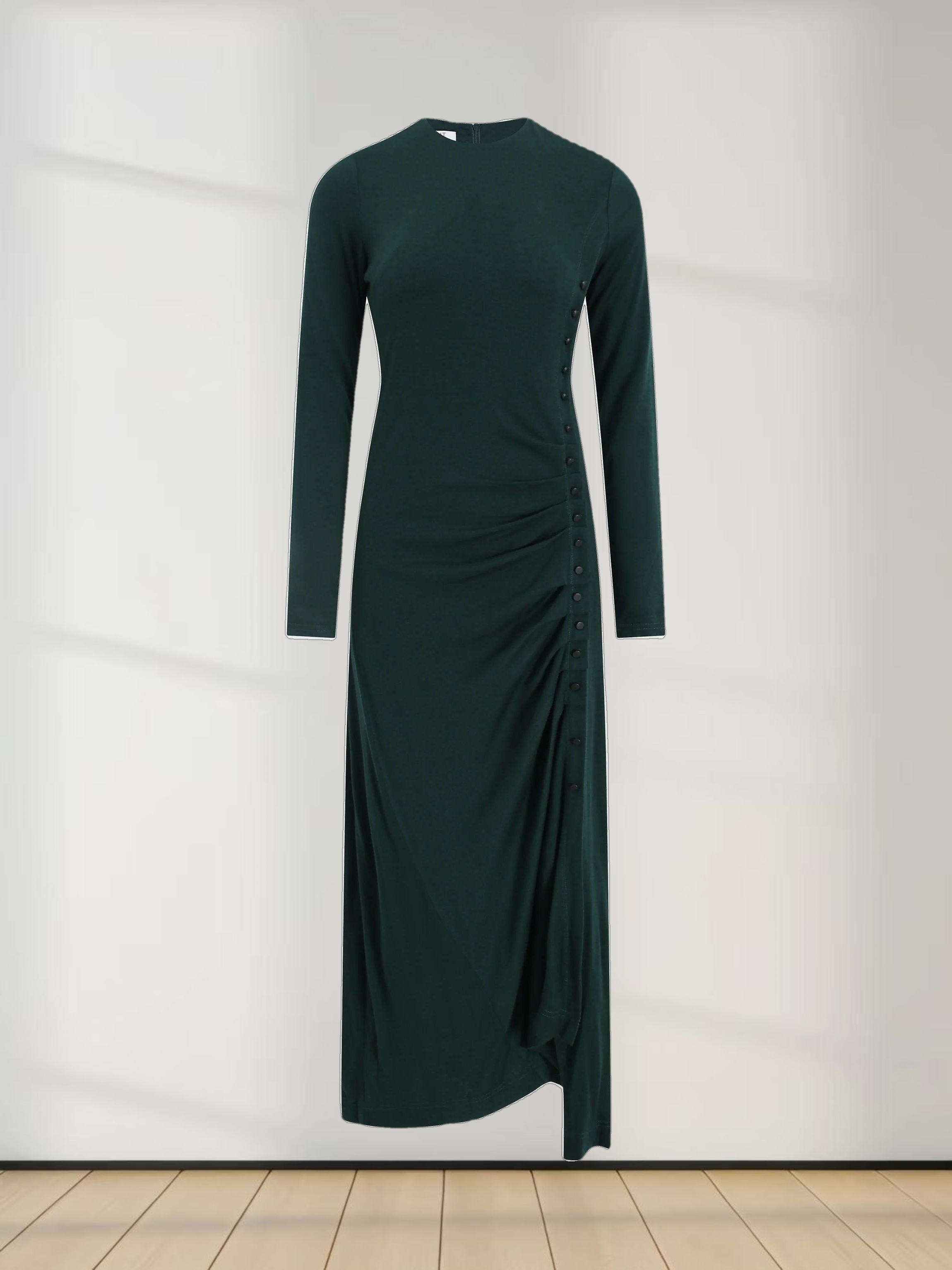 Side Shirred Button Down Knit Dress-Hunter Green