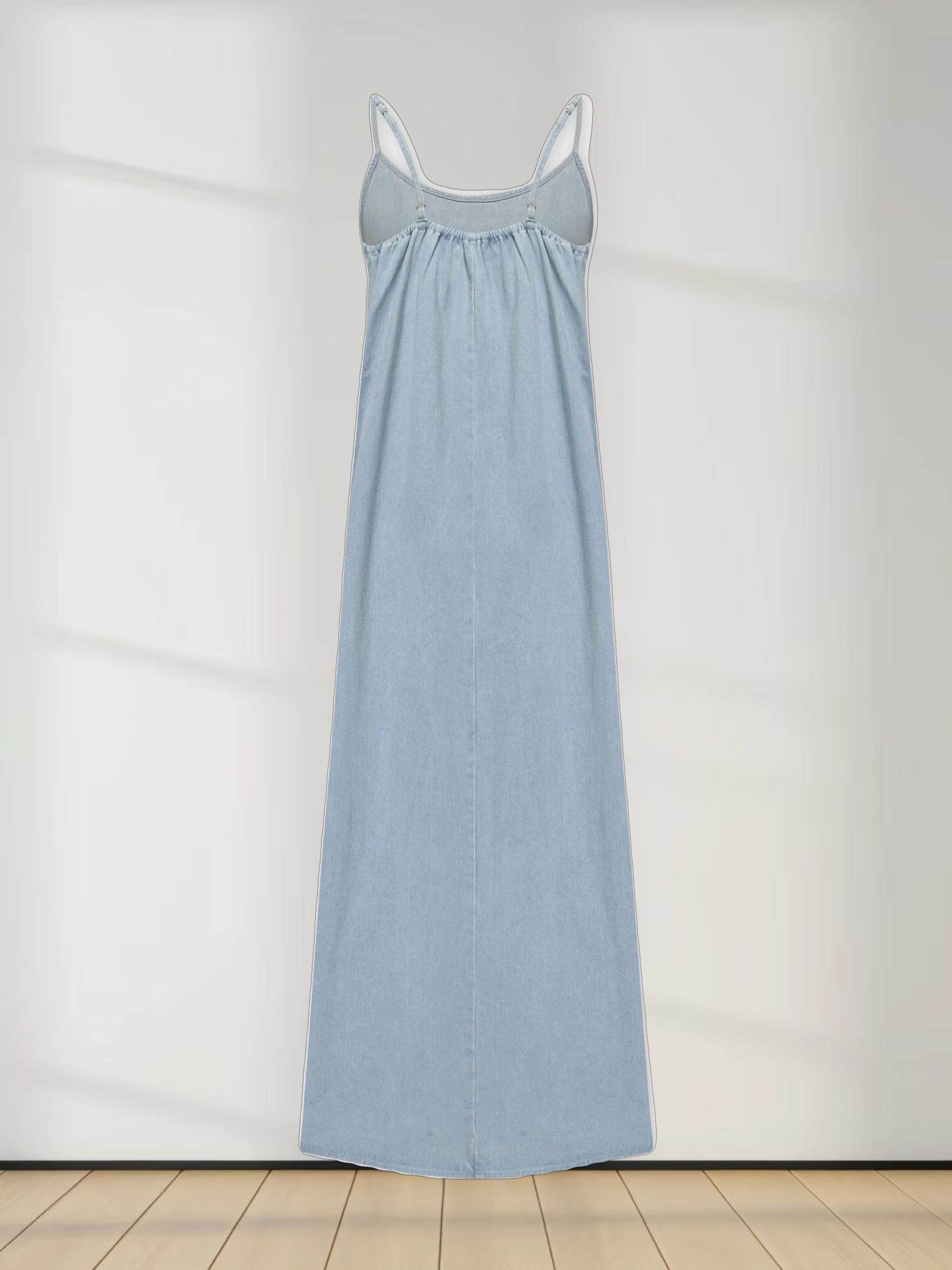 Solid Crew Neck Slip Dress-Sky Blue Denim