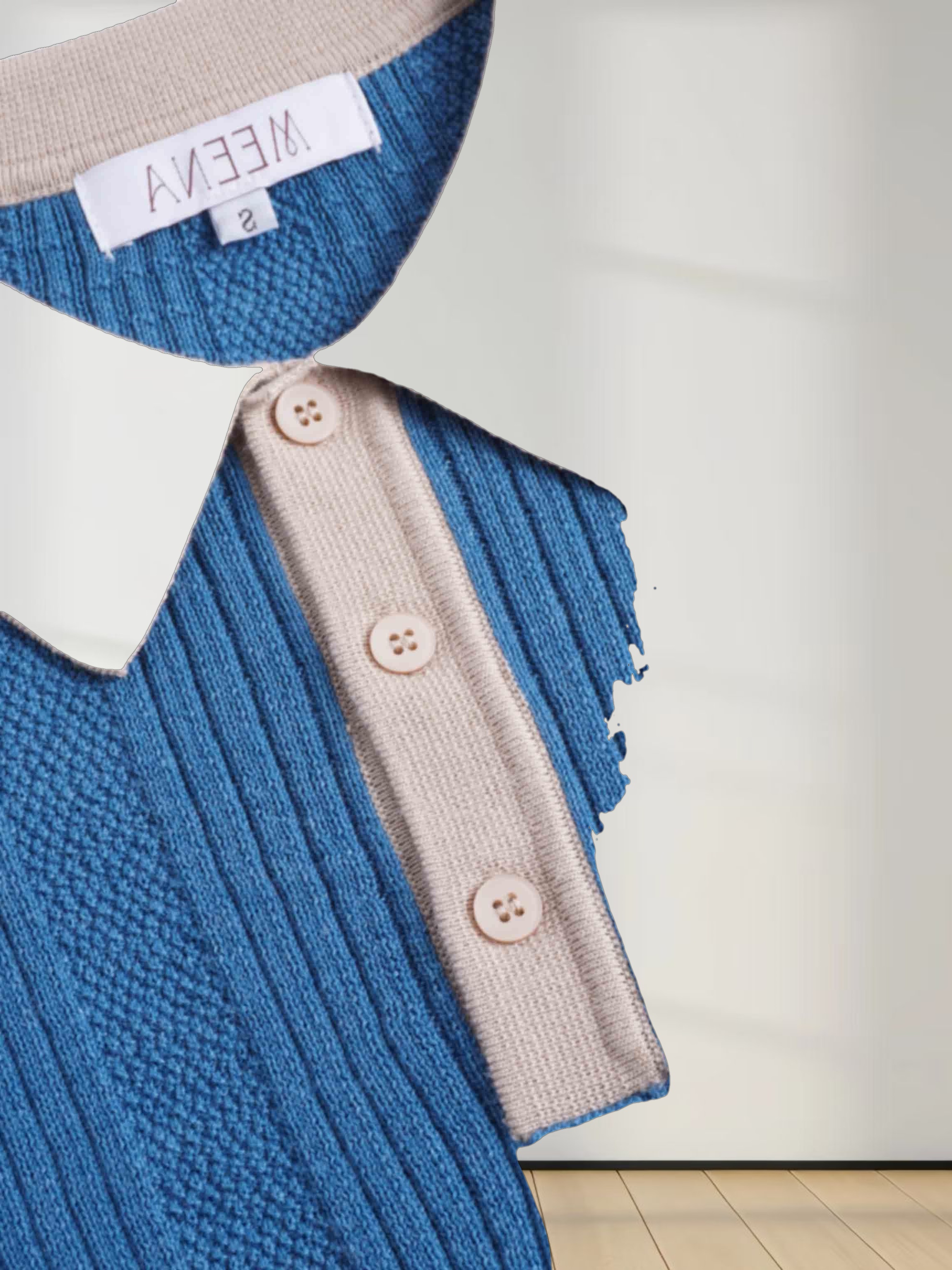 Knit Detail Collar Sweater-Teal/Tan