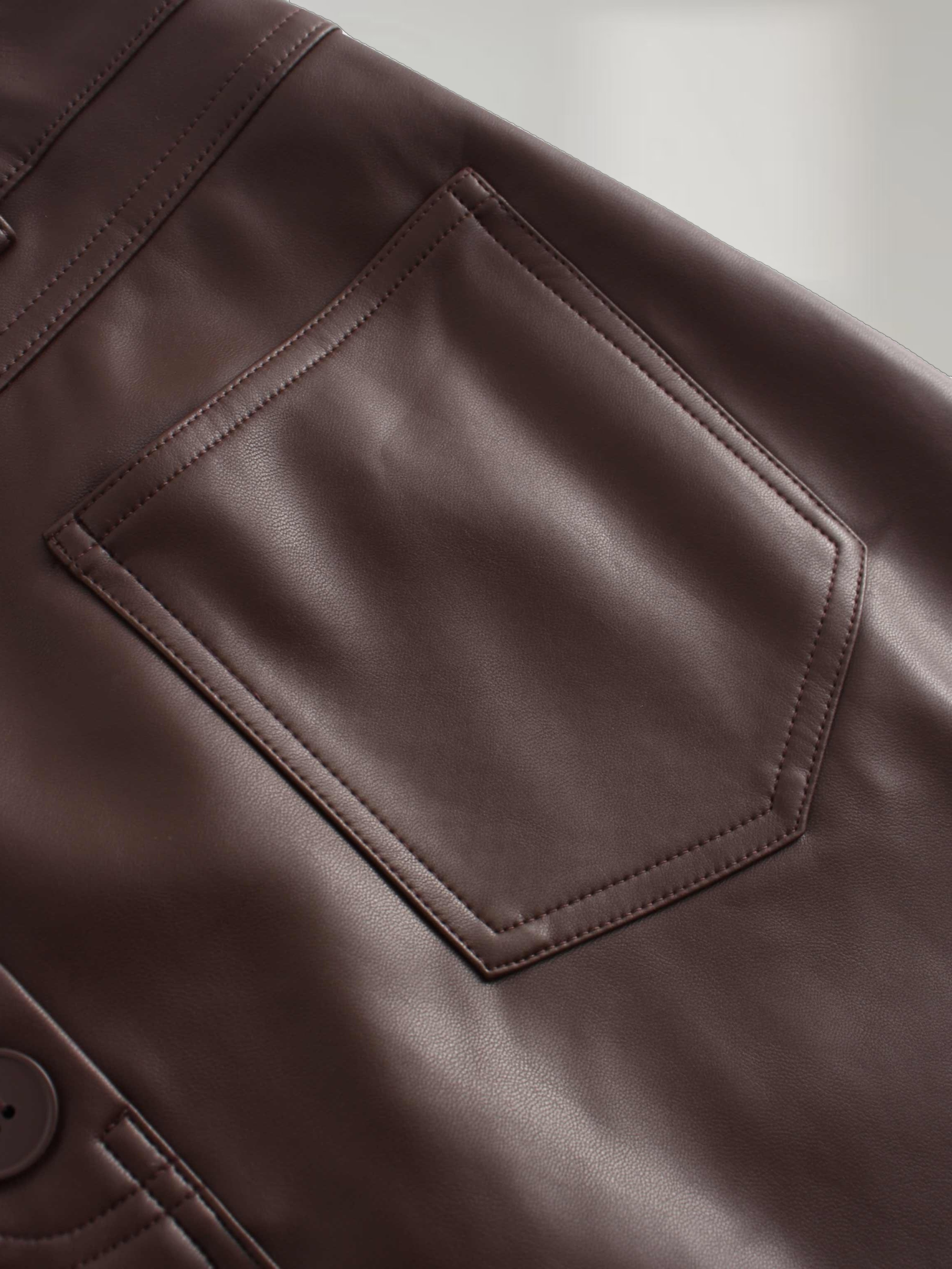 Front Pocket Straight Faux Leather Skirt-Brown