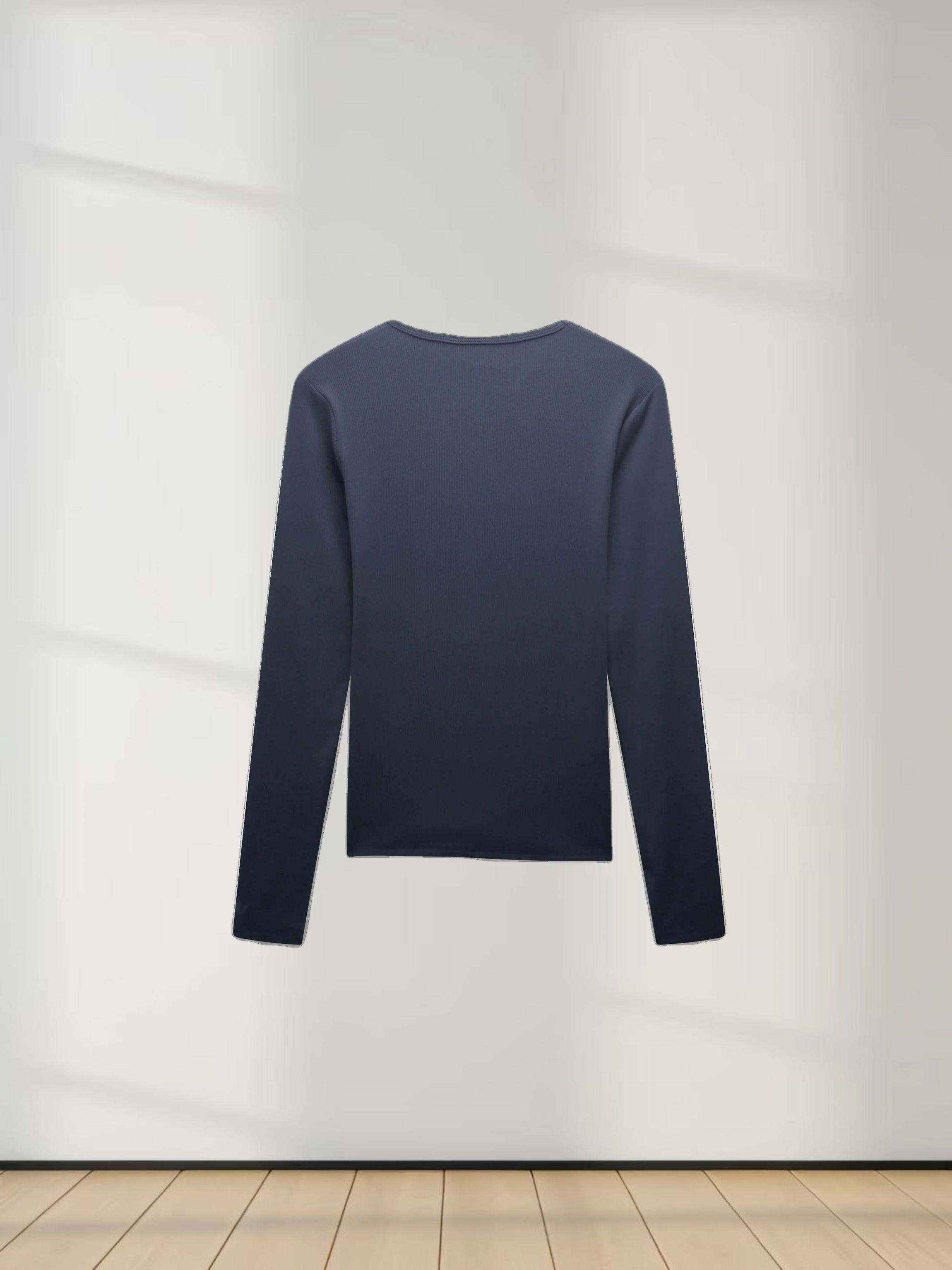 RIBBED HIGH V TEE LS-DENIM BLUE