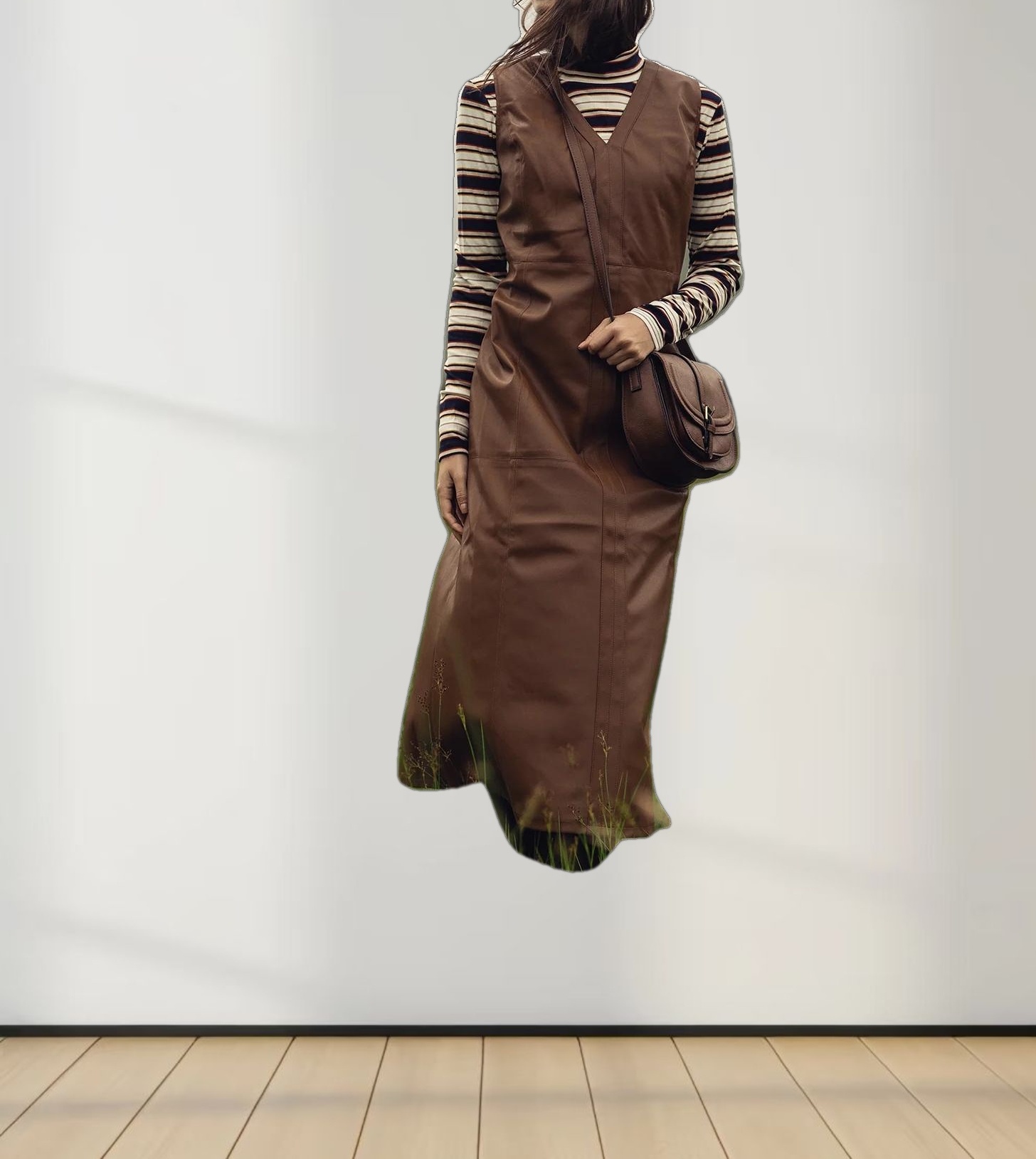 Faux Leather Seamed Jumper-Brown