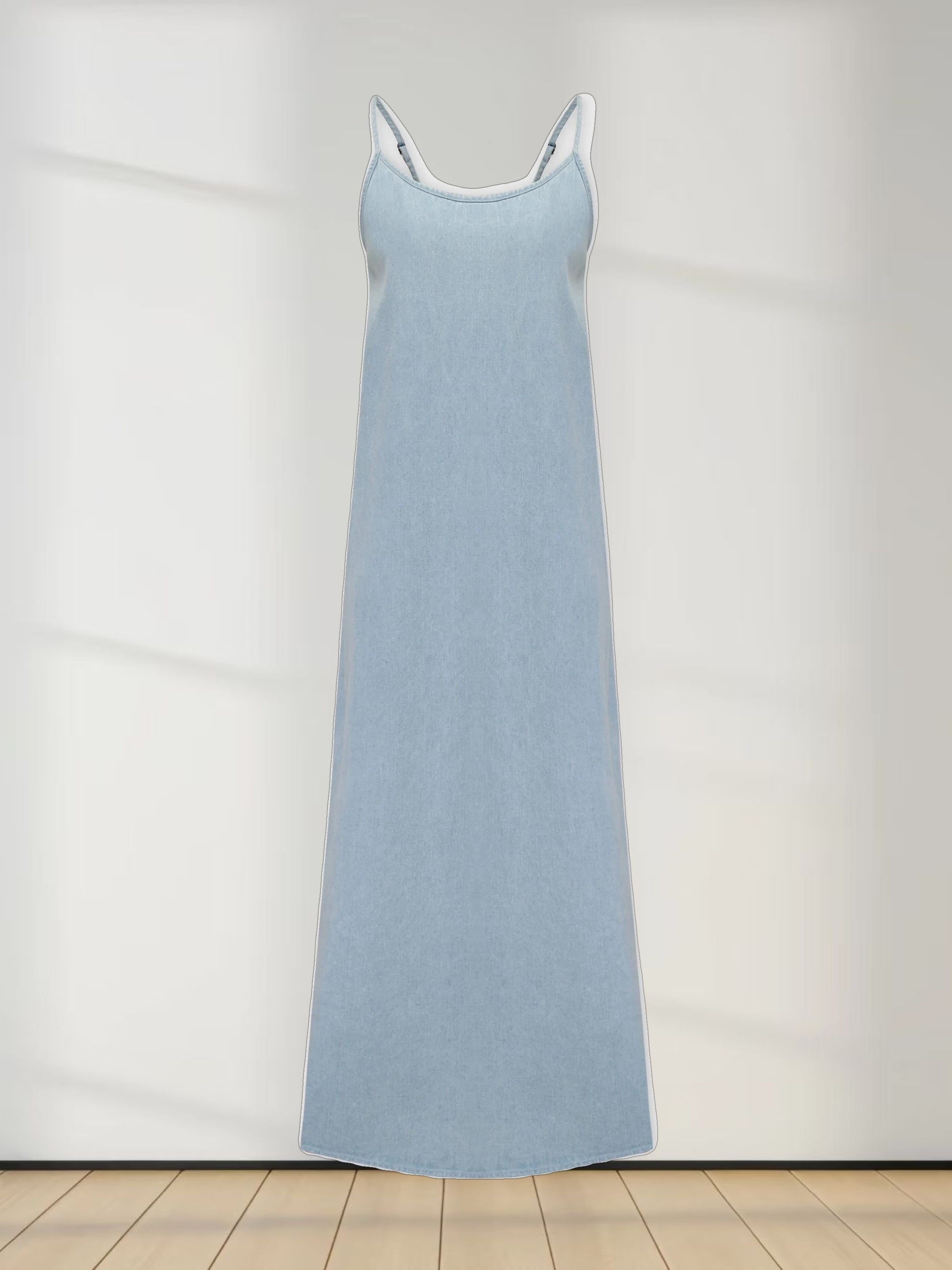 Solid Crew Neck Slip Dress-Sky Blue Denim