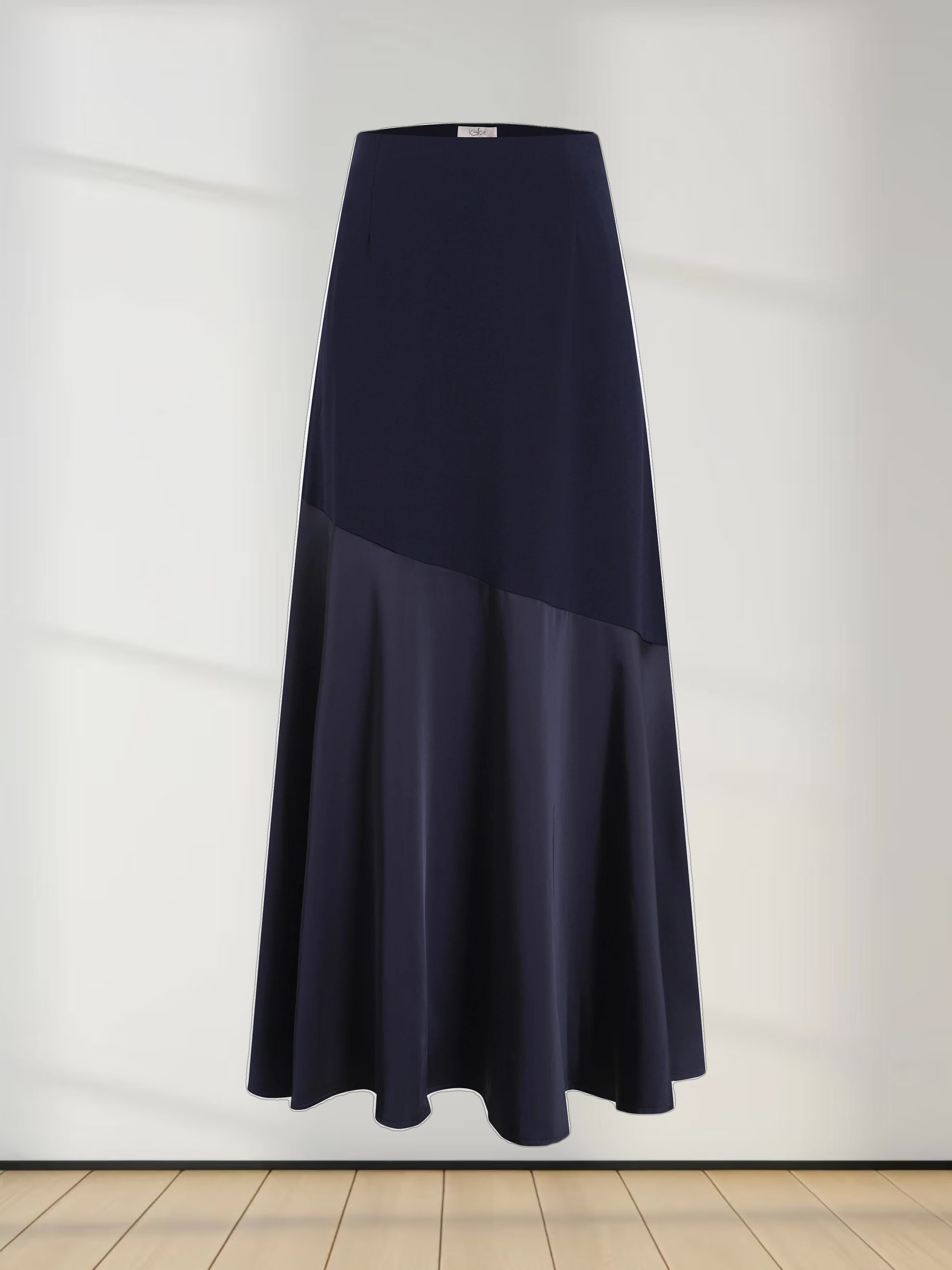 Faux Satin Bottom Flare Skirt-Navy