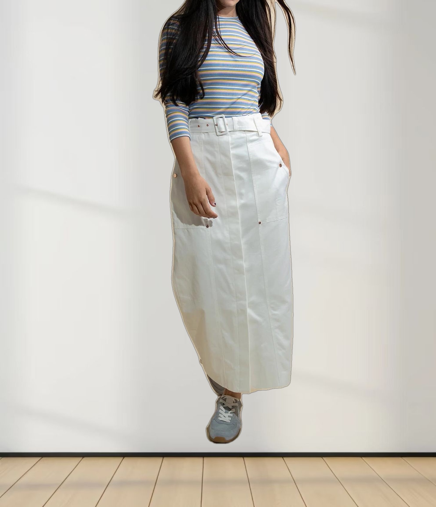 Ribbed Striped Crew 3/4 Sleeve-Light Blue/Pink