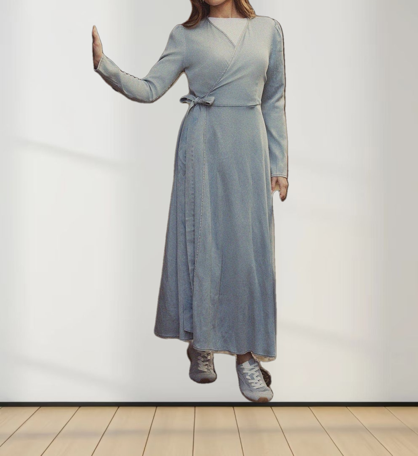 Chambray Denim Wrap Dress-Blue